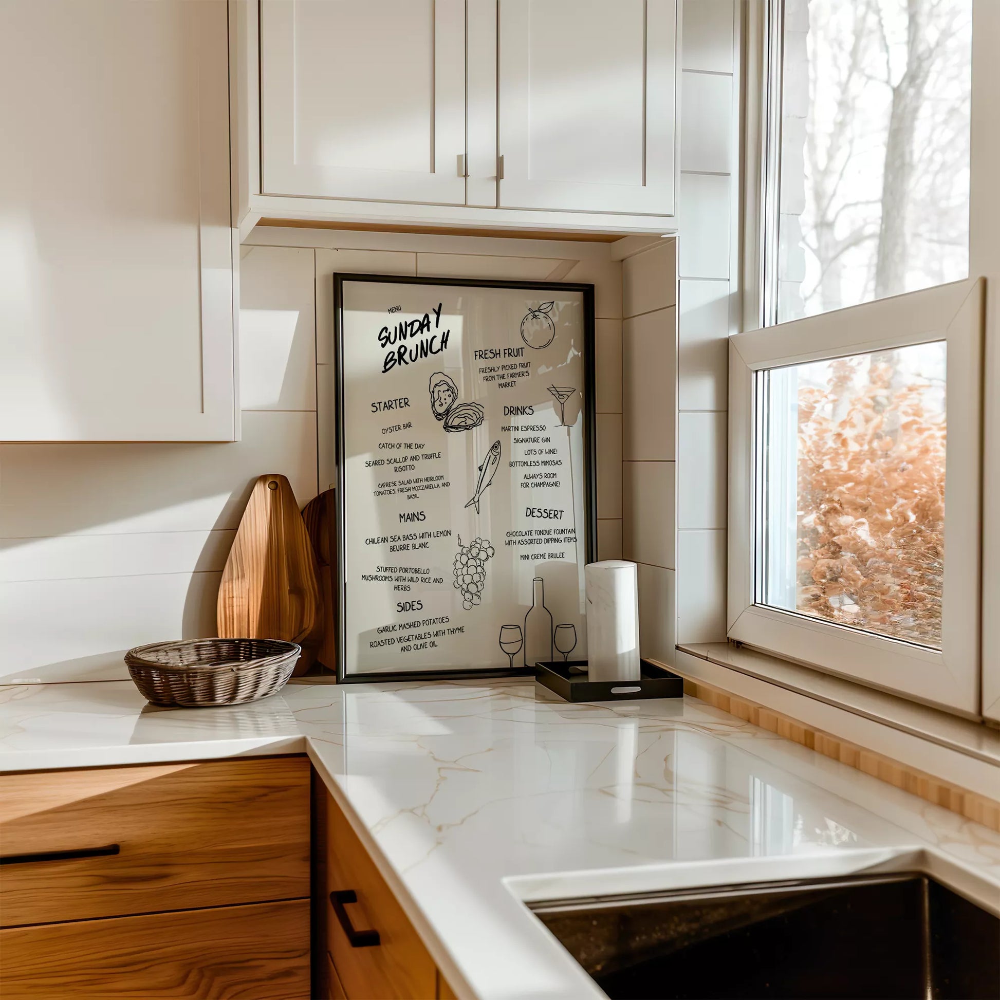 モダンなラインアートで描かれたサンデーブランチメニューイラスト