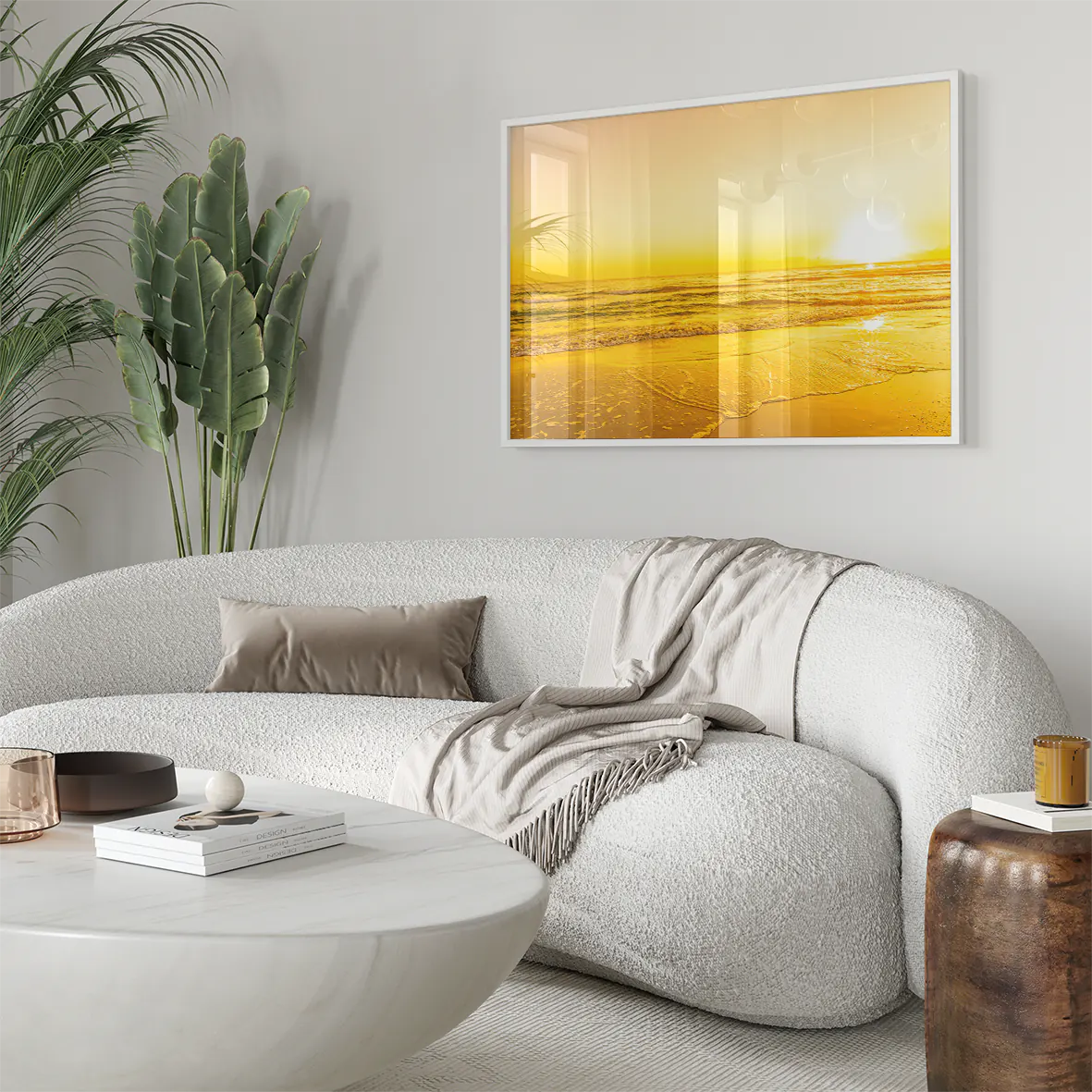朝日が輝くゴールドイエローのビーチアートポスター
