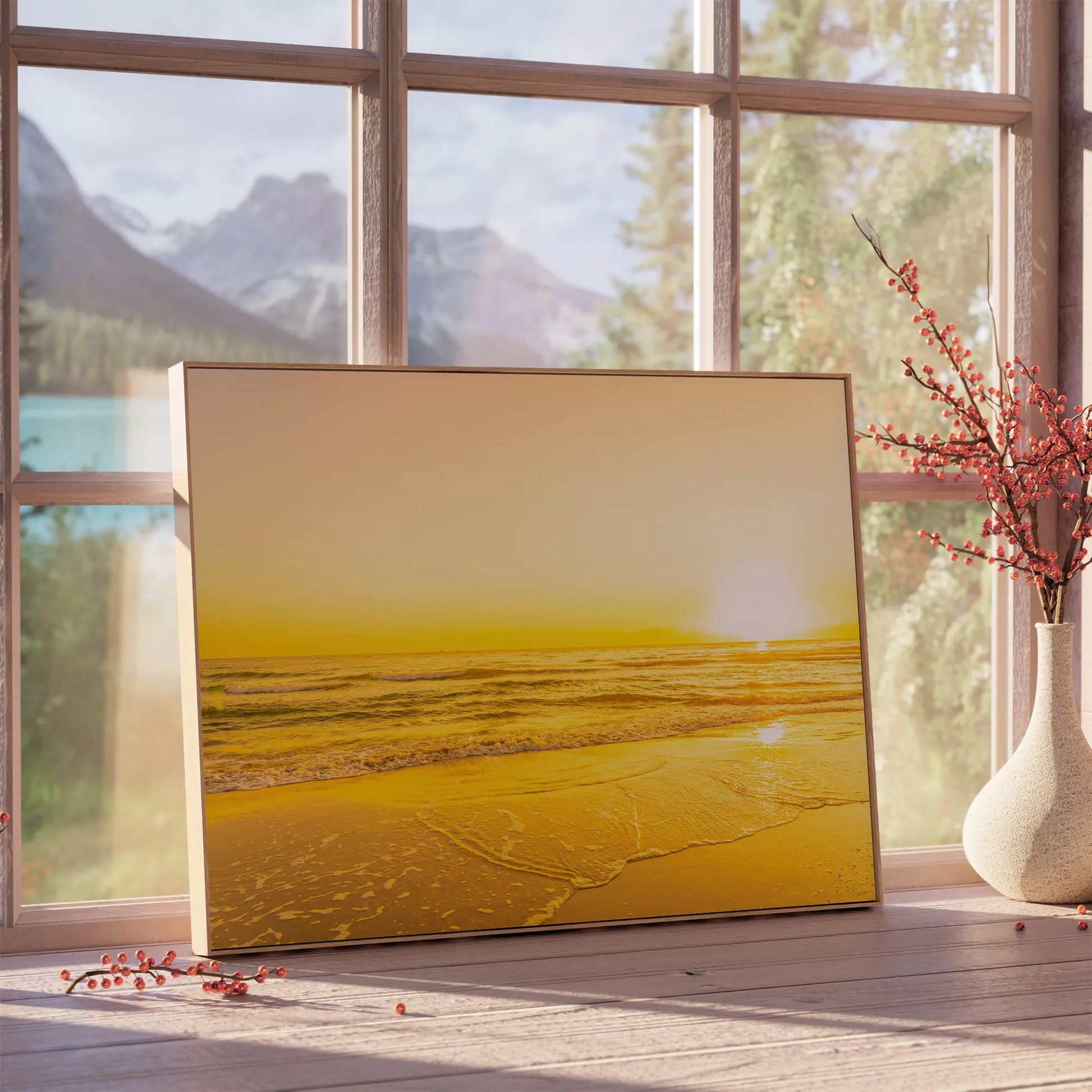 朝日が輝くゴールドイエローのビーチアートポスター