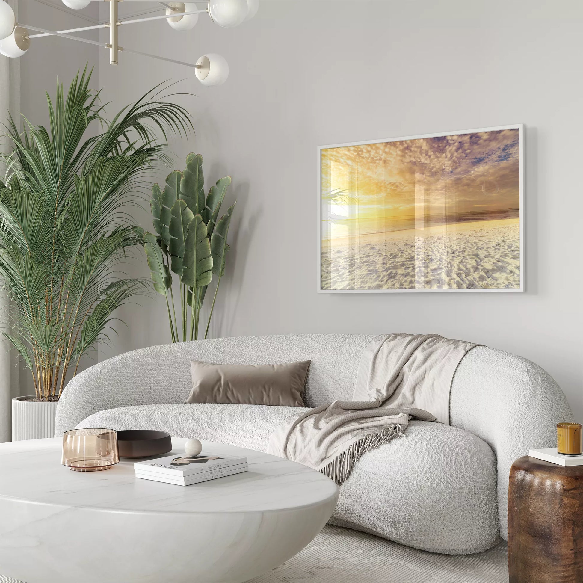 黄金色の夕暮れ時の砂浜、穏やかな海岸風景アート