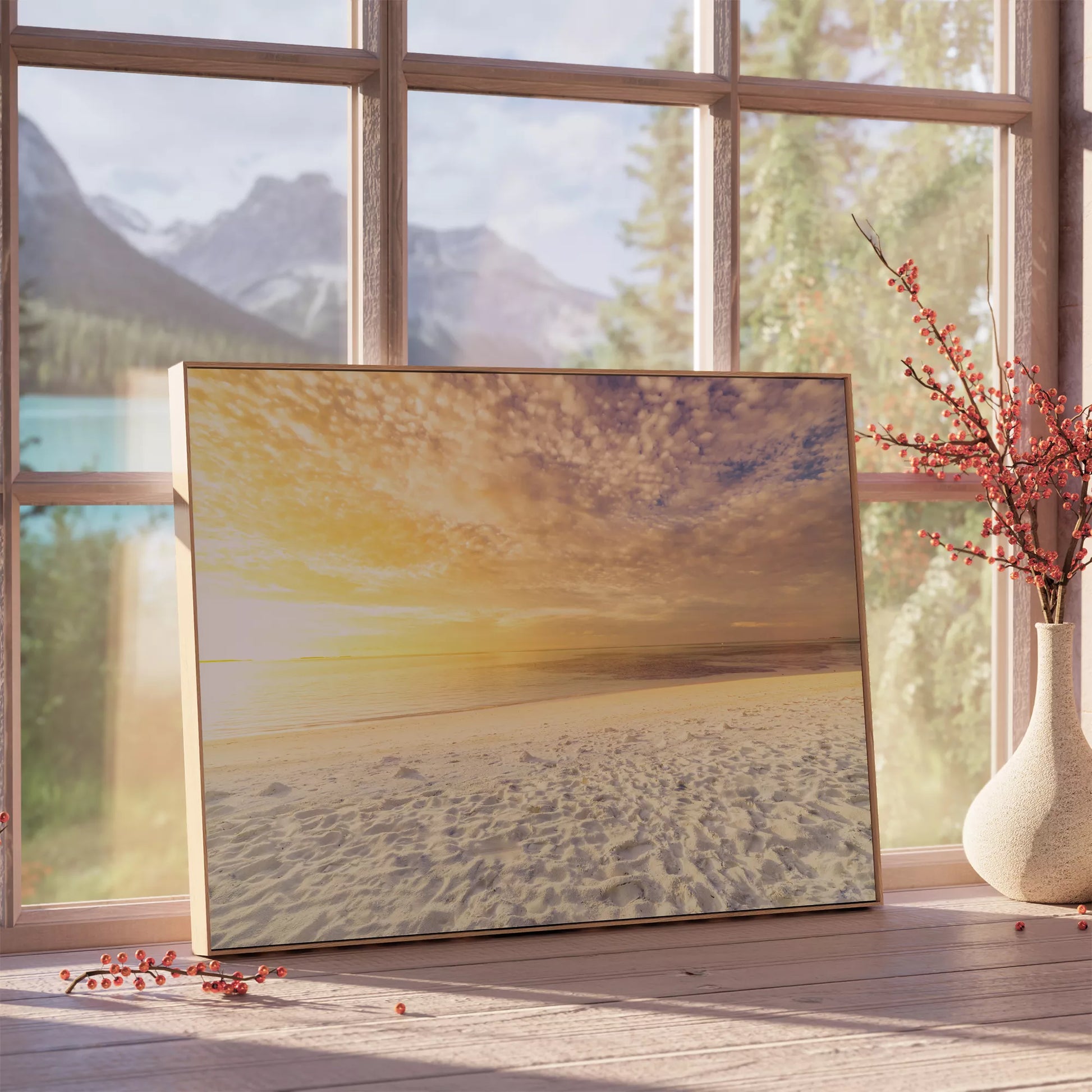 黄金色の夕暮れ時の砂浜、穏やかな海岸風景アート