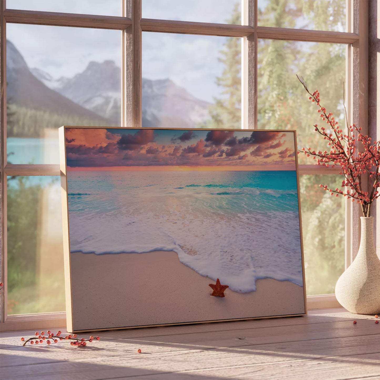 夕焼けのビーチと星の砂のある穏やかな海辺の風景