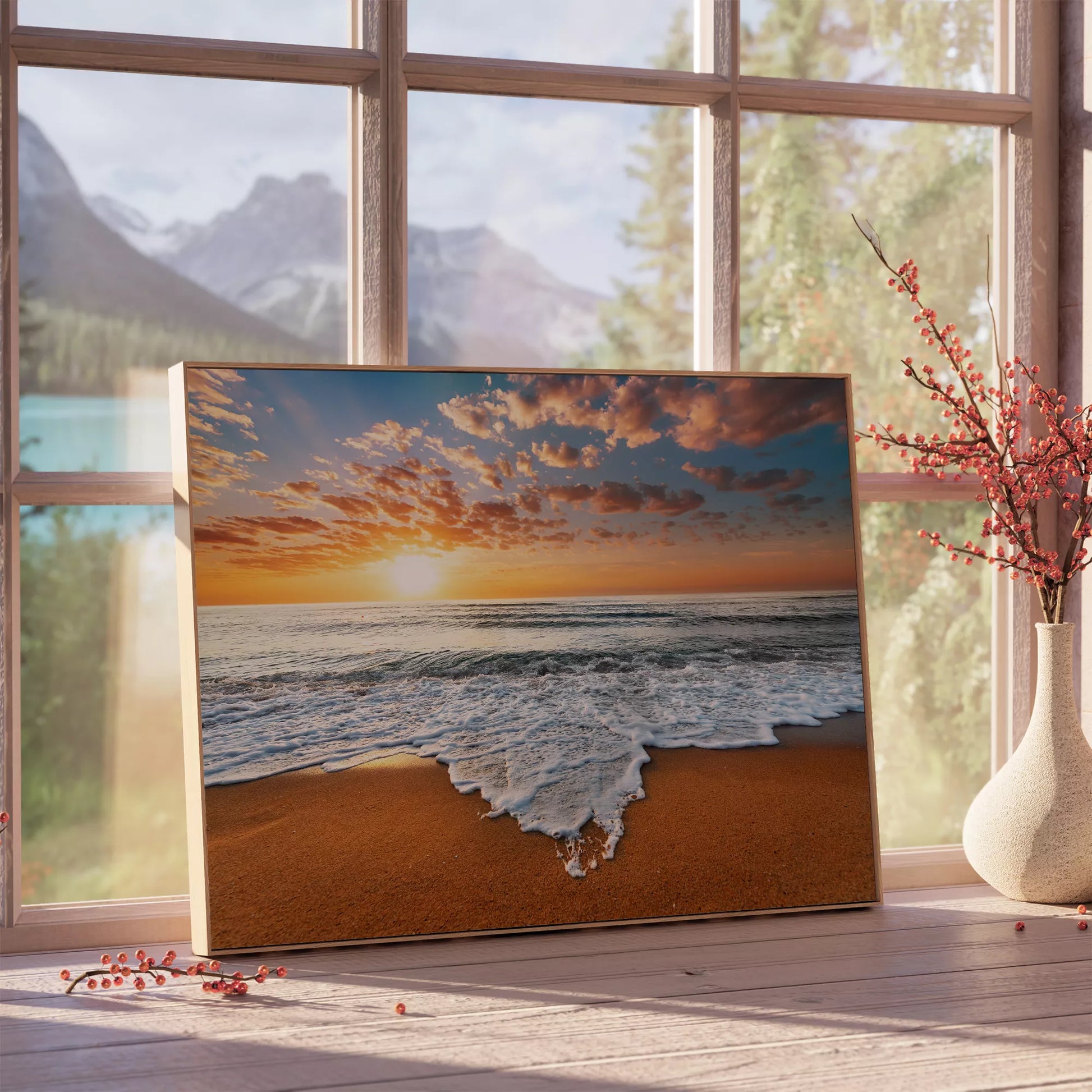 夕焼け空と波打ち際の風景、オレンジ色の空とターコイズブルーの海