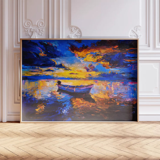 夕焼けの湖に浮かぶボート 青とオレンジの鮮やかな風景画