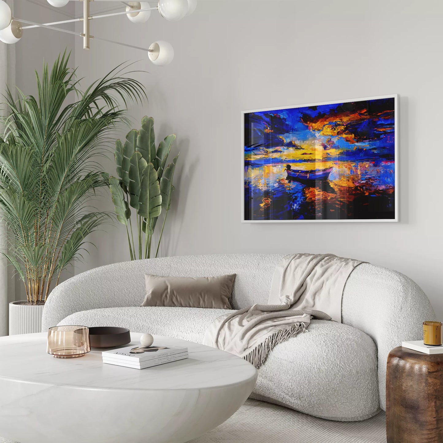 夕焼けの湖に浮かぶボート 青とオレンジの鮮やかな風景画