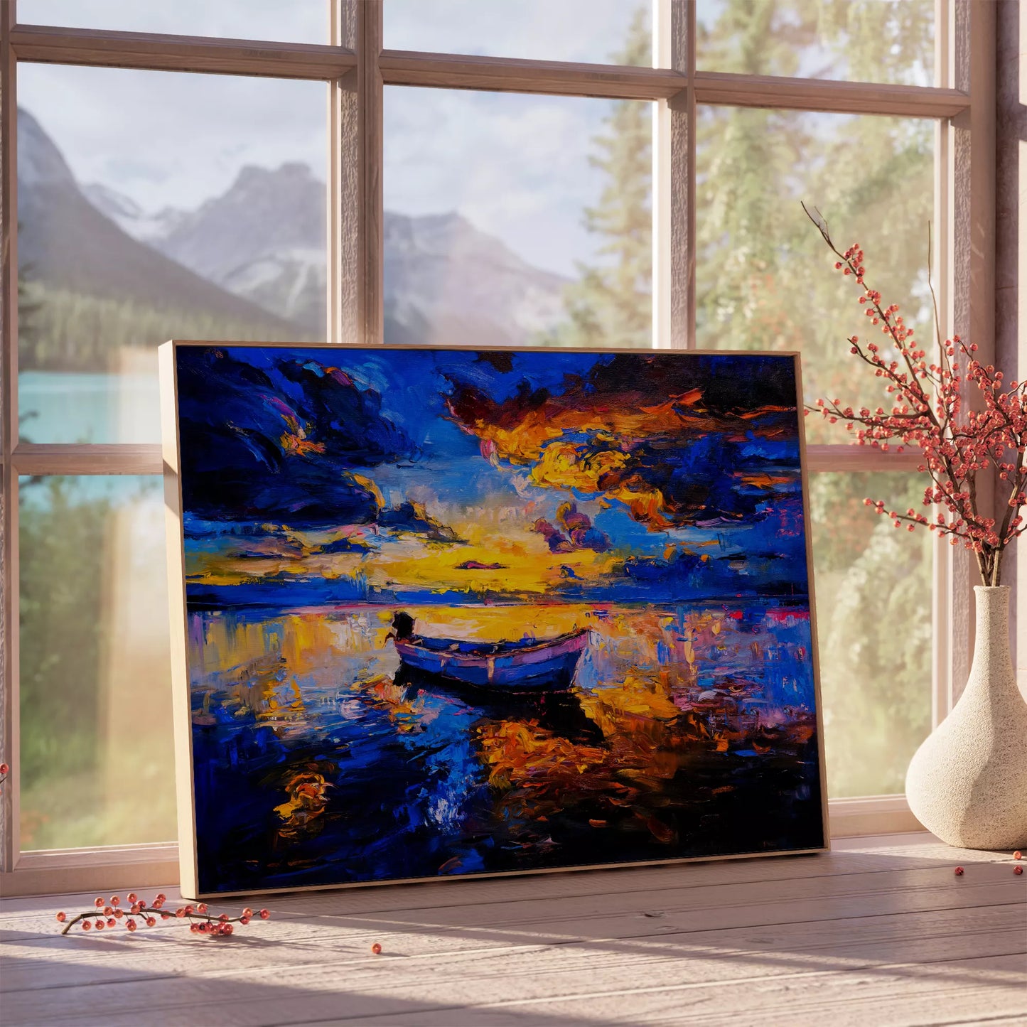 夕焼けの湖に浮かぶボート 青とオレンジの鮮やかな風景画