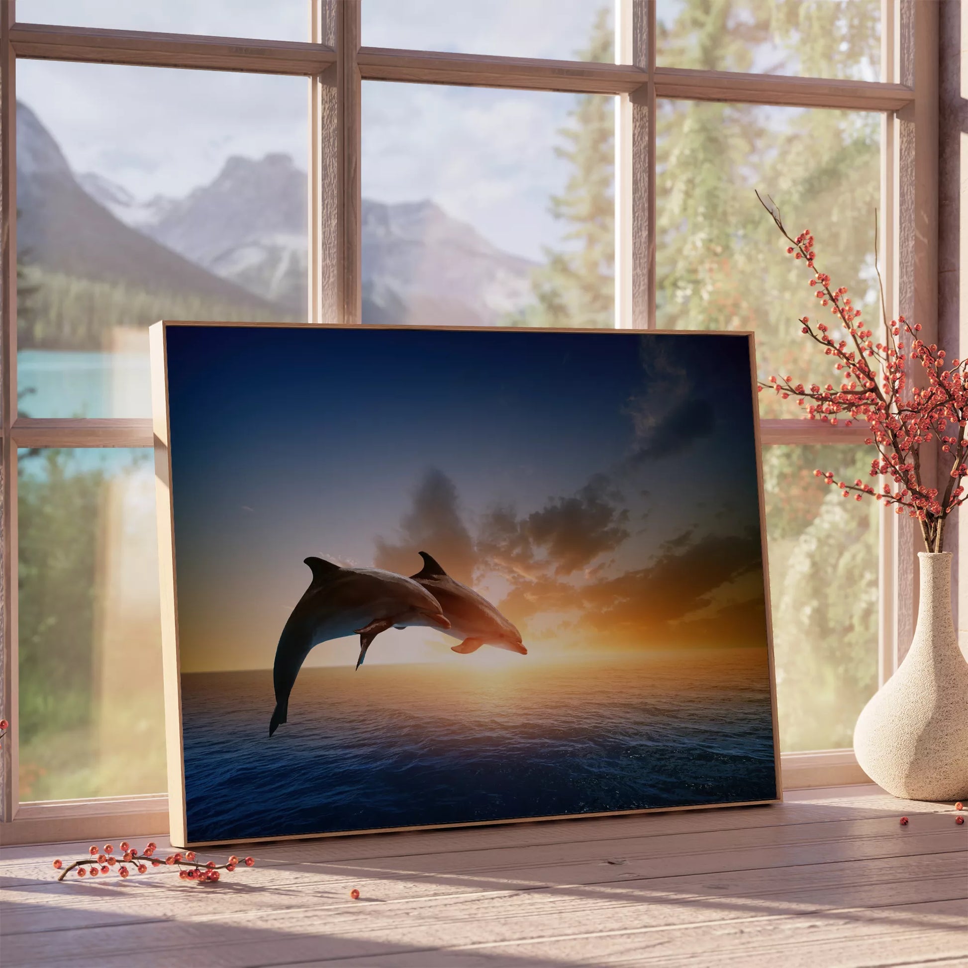 夕陽に向かってジャンプする2頭のイルカのシルエット