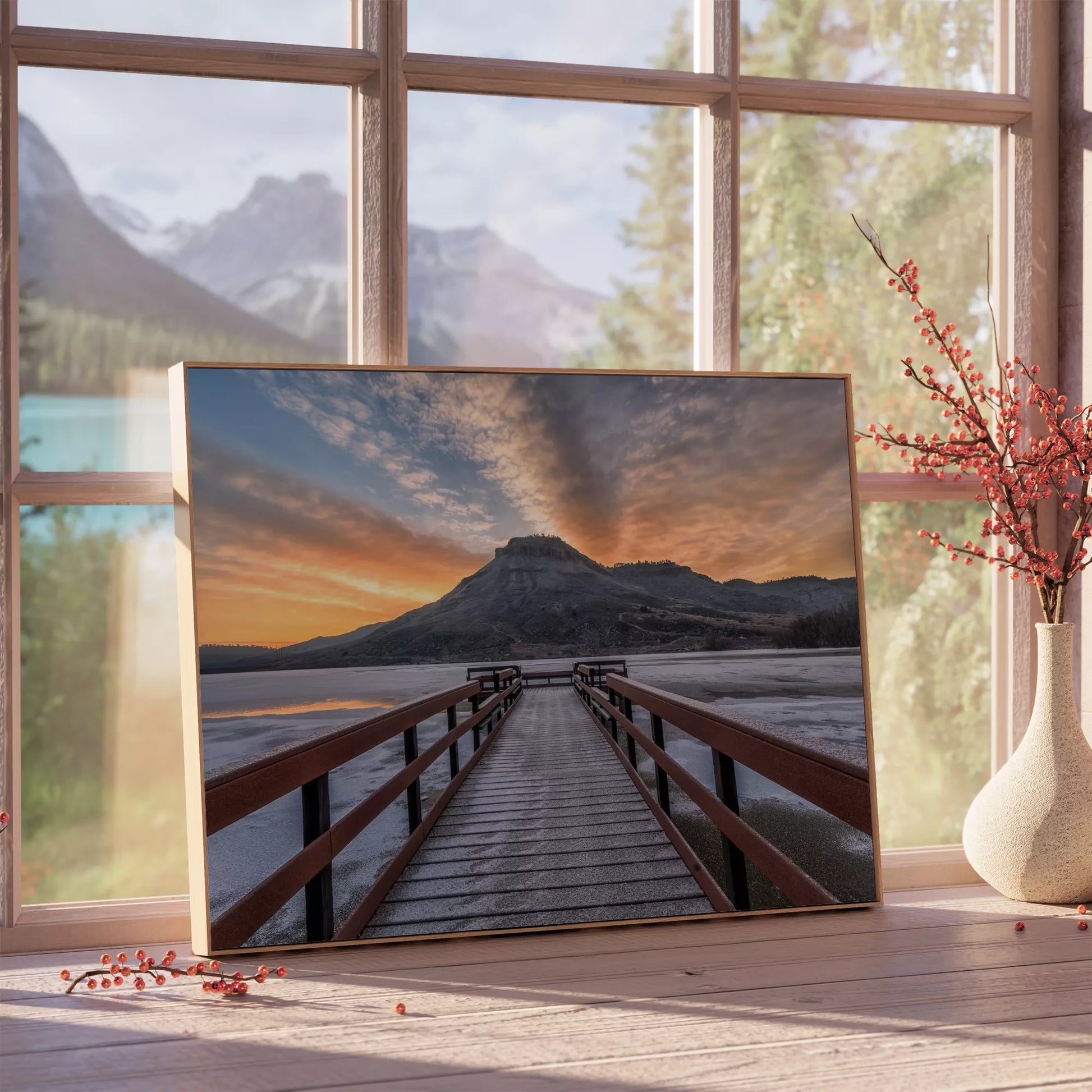 凍った湖に伸びる赤い桟橋と夕暮れの山の風景