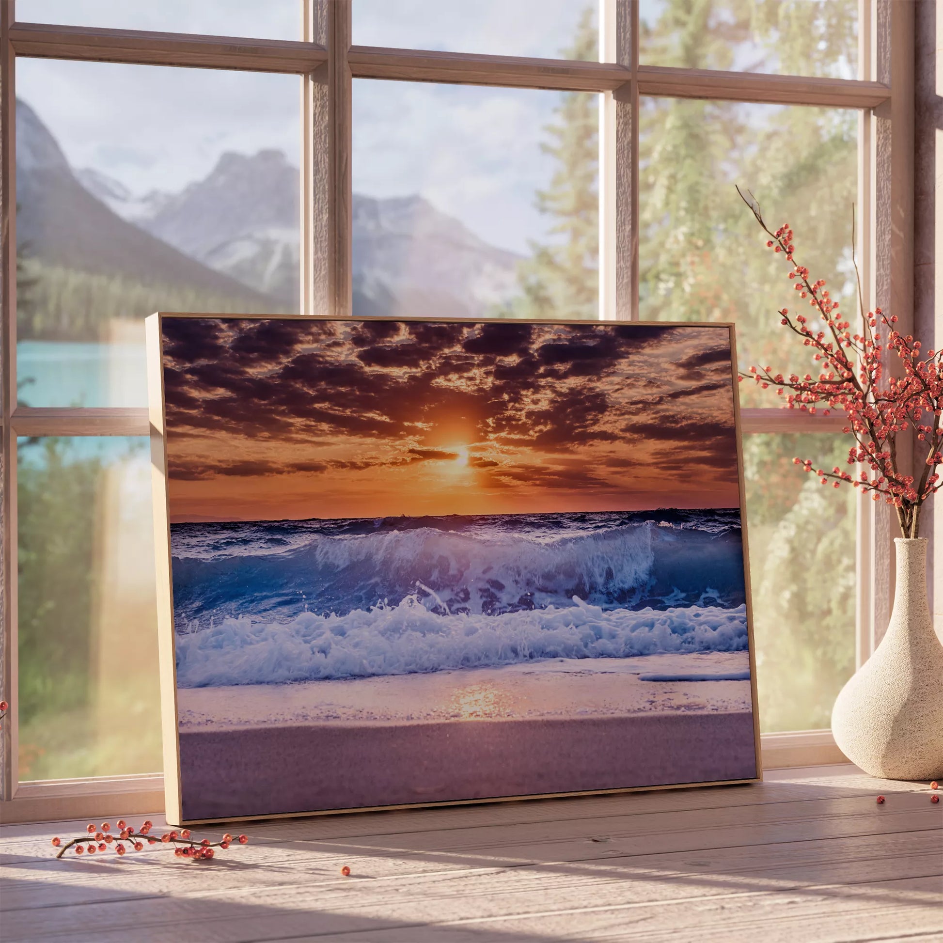 夕焼け空と打ち寄せる青い波のビーチ風景