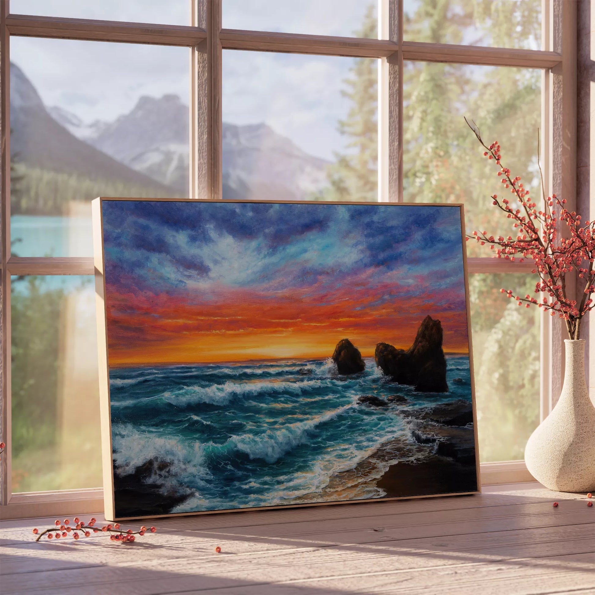 夕焼けの空と荒波が打ち寄せる海岸の風景画