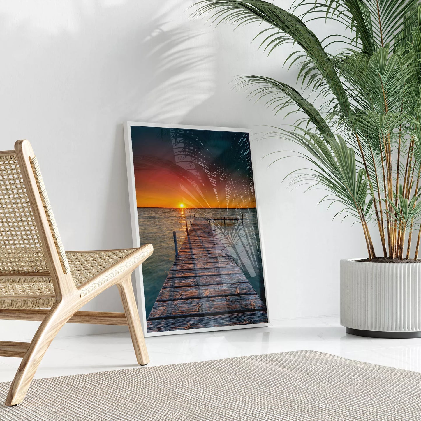 夕日が映える桟橋と海の風景アートプリント