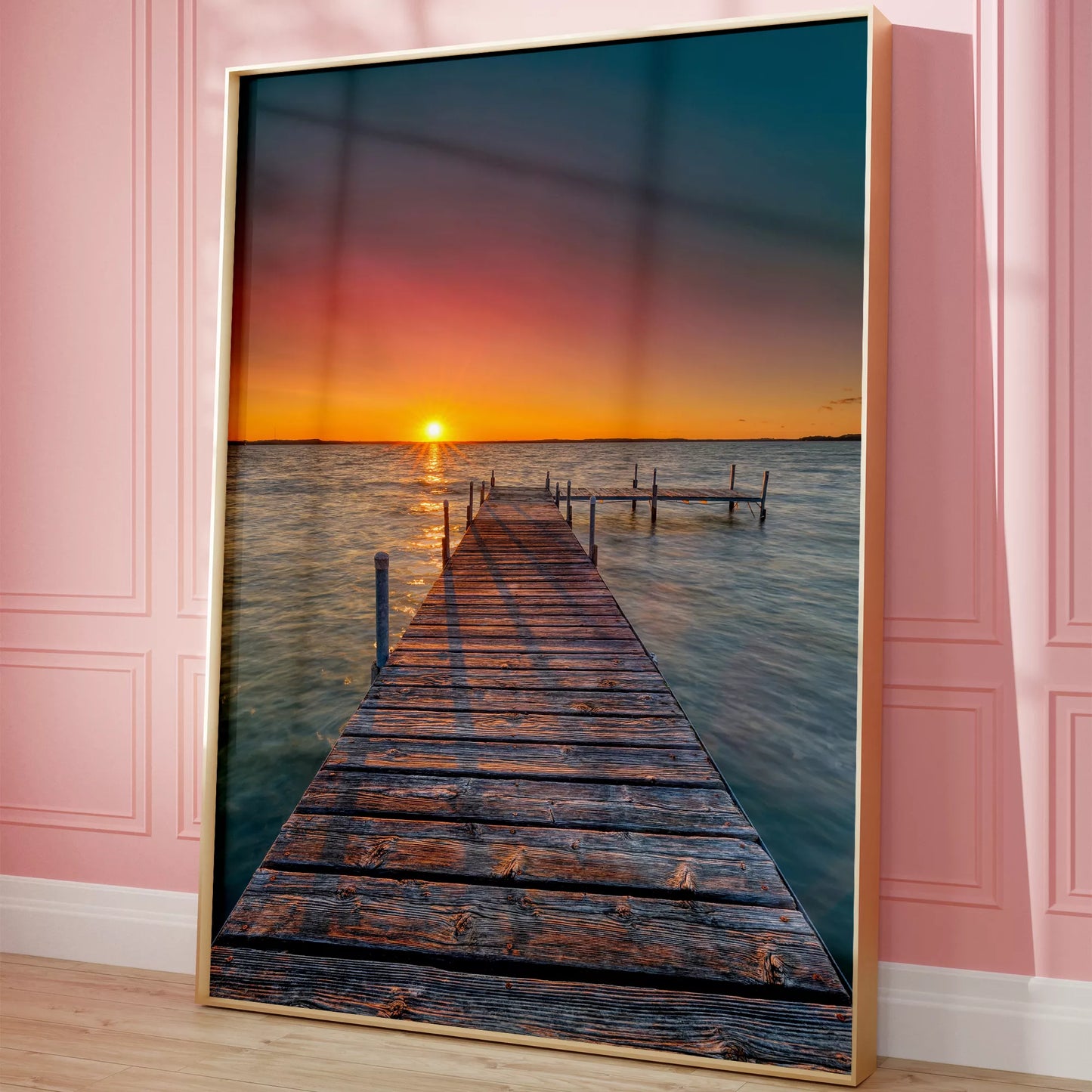 夕日が映える桟橋と海の風景アートプリント