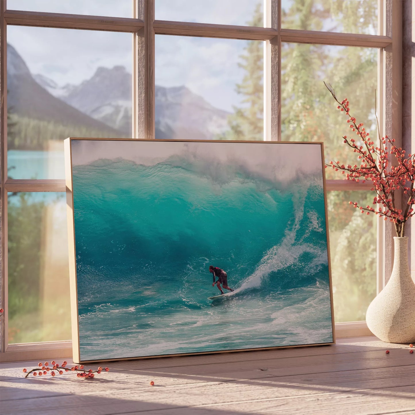 エメラルドグリーンの波を乗りこなすサーファーの躍動的な瞬間