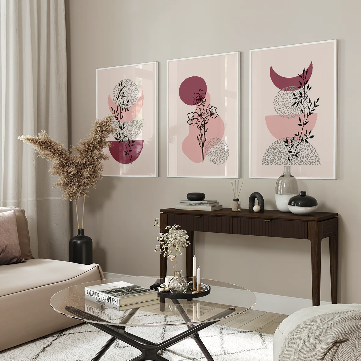 アートポスター ボタニカル 線画 ピンクグリーン 北欧ミニマル シンプルインテリア 3枚セット