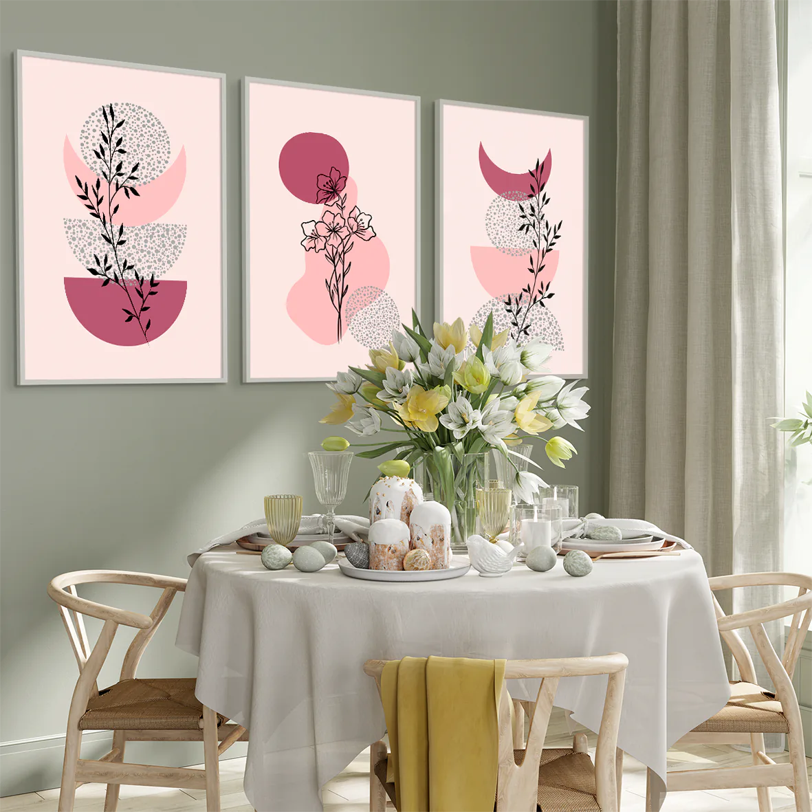 アートポスター ボタニカル 線画 ピンクグリーン 北欧ミニマル シンプルインテリア 3枚セット