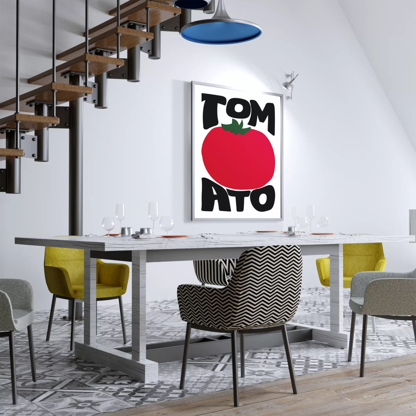 白地にモダンな黒字で「TOMATO」の文字を「TOM」と「ATO」に分け、その間に大きな赤いトマトのイラストをあしらったミニマルなアートプリント。緑の葉がアクセントとなり、シンプルながらインパクトのあるデザイン。
