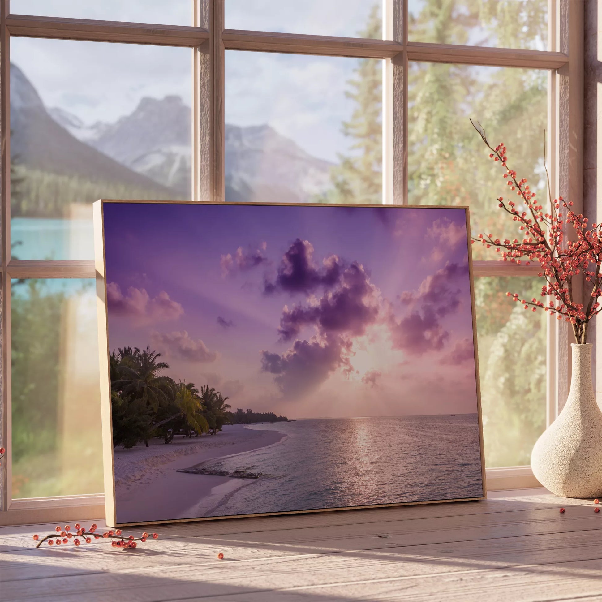 紫色の夕焼け空と白砂浜のトロピカルビーチ風景