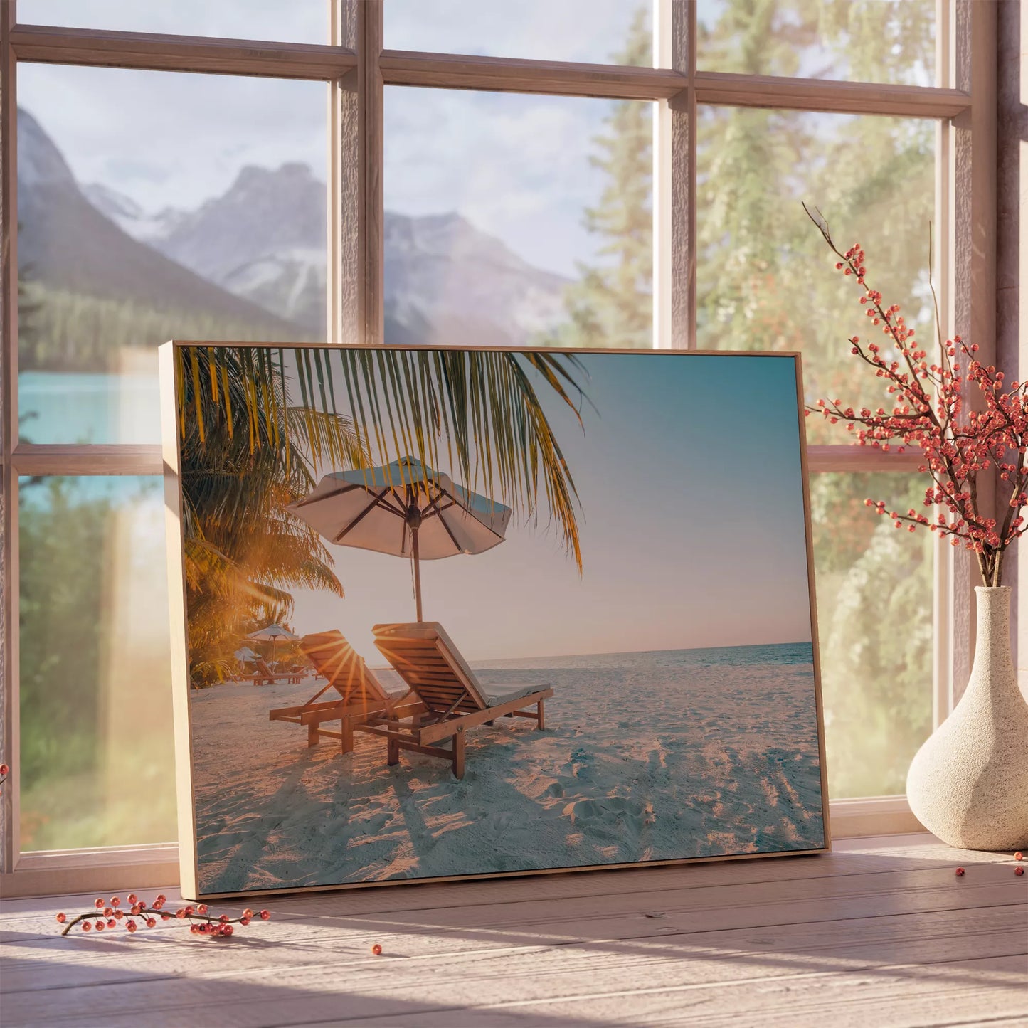 夕日に染まる砂浜とパラソル付きビーチチェア、揺れる椰子の木