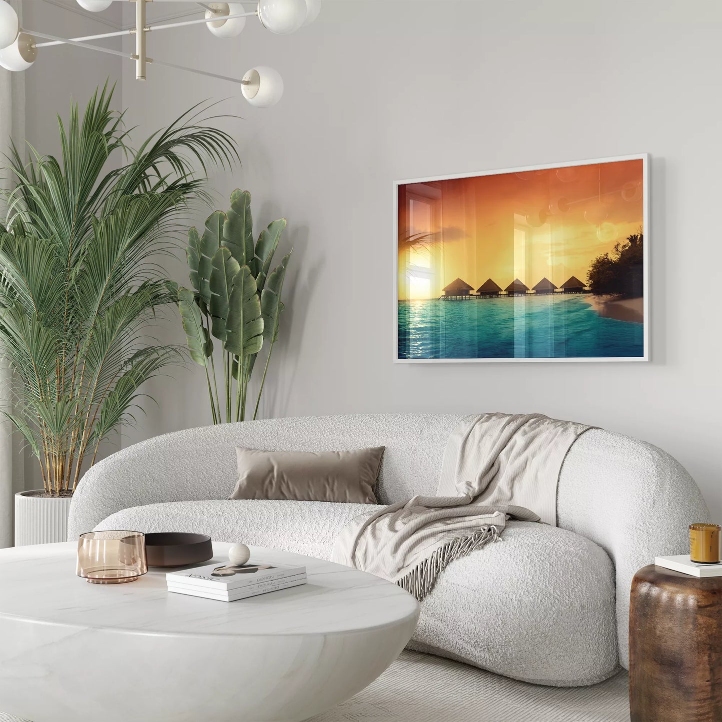 モルディブ風の水上コテージと夕暮れのビーチ風景