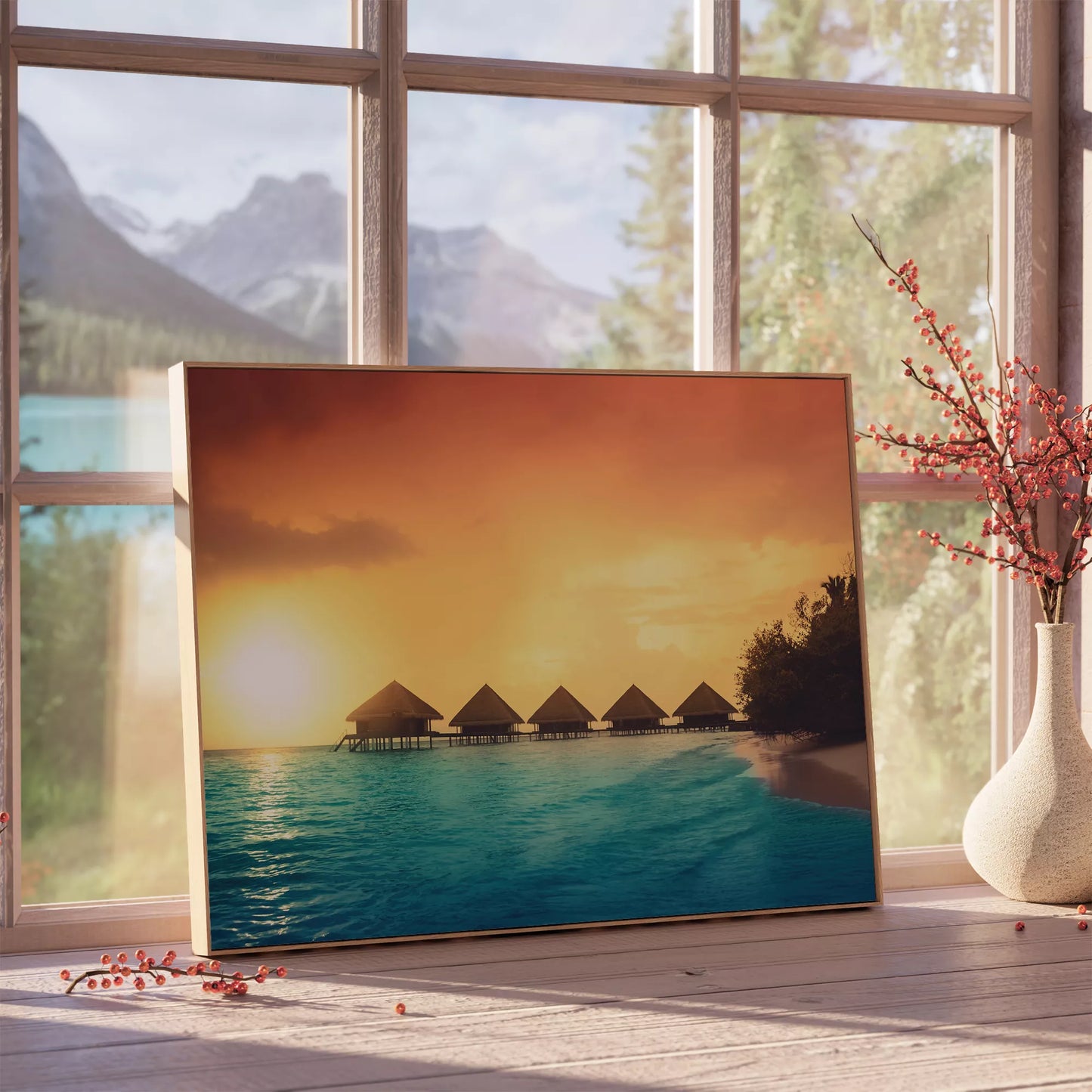 モルディブ風の水上コテージと夕暮れのビーチ風景