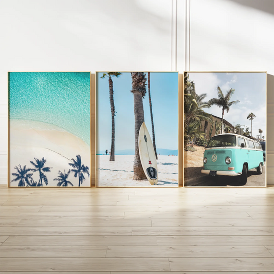 ターコイズビーチとサーフバンの西海岸風アートポスター 3枚セット