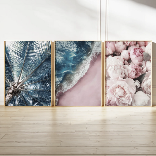 ヤシ葉とピンクビーチと芍薬の北欧トロピカルアートポスター 3枚セット