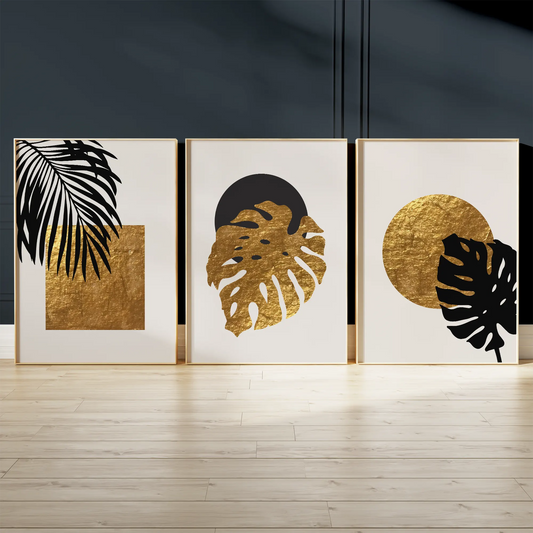 ブラック&ゴールドの抽象パームリーフアートポスター ラグジュアリー 3枚セット