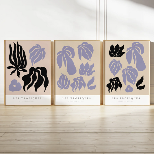 ラベンダー&ブラックのトロピカルリーフ ミニマル北欧アートポスター 3枚セット