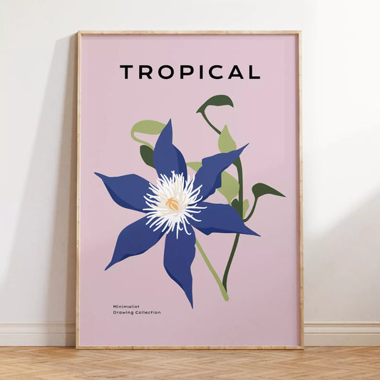 トロピカルブルーフラワーのミニマリストボタニカルアートポスター モダンインテリア