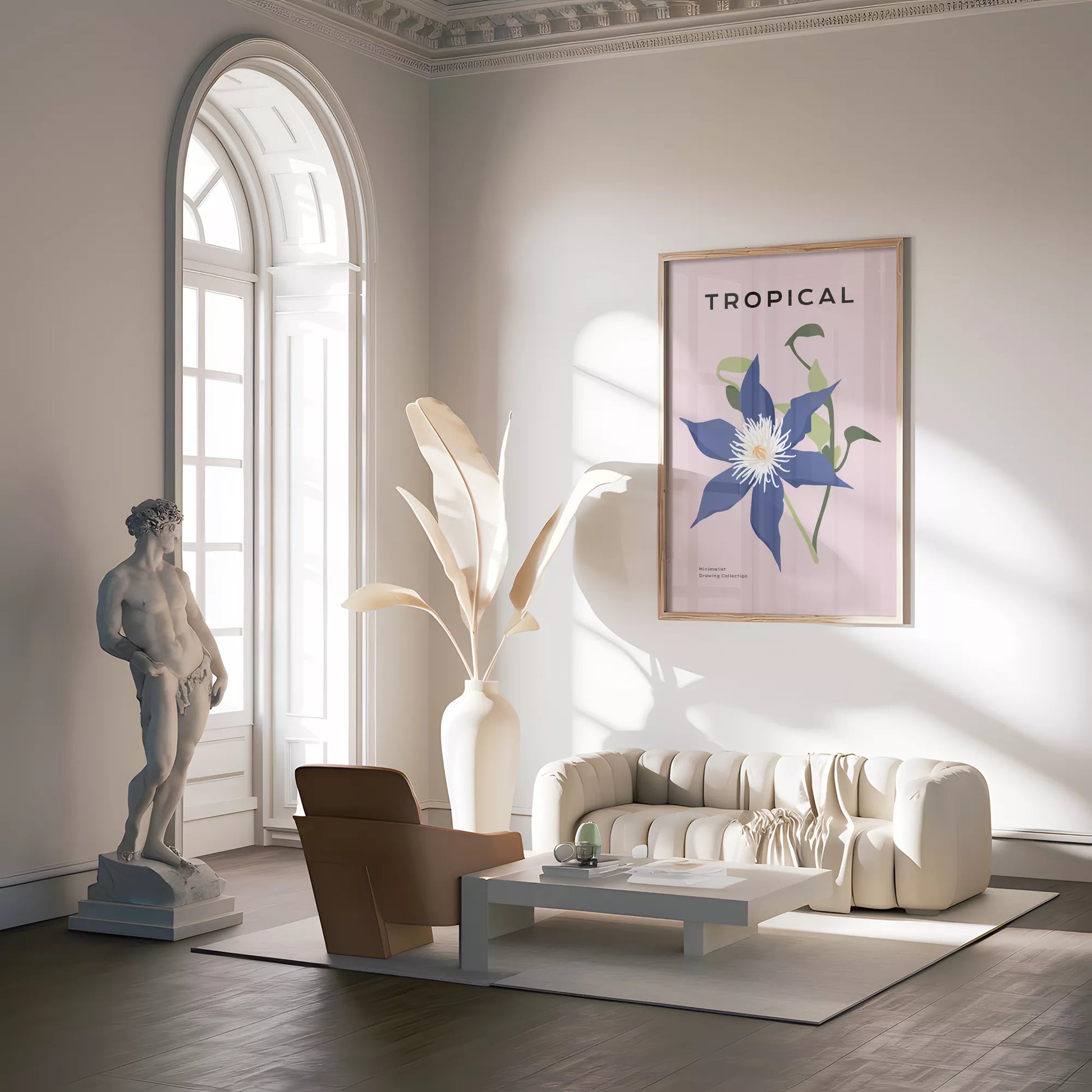 トロピカルブルーフラワーのミニマリストボタニカルアートポスター モダンインテリア