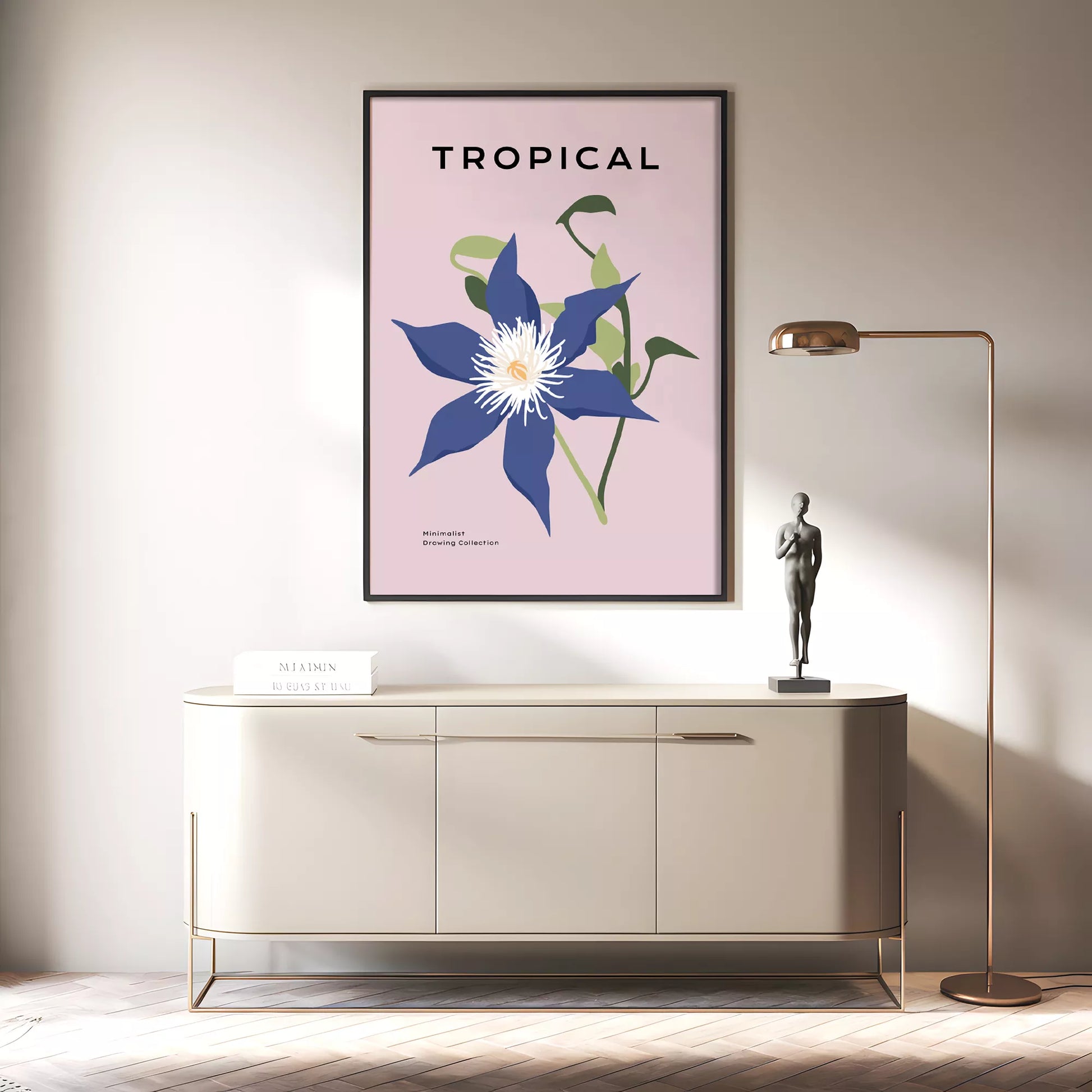 トロピカルブルーフラワーのミニマリストボタニカルアートポスター モダンインテリア
