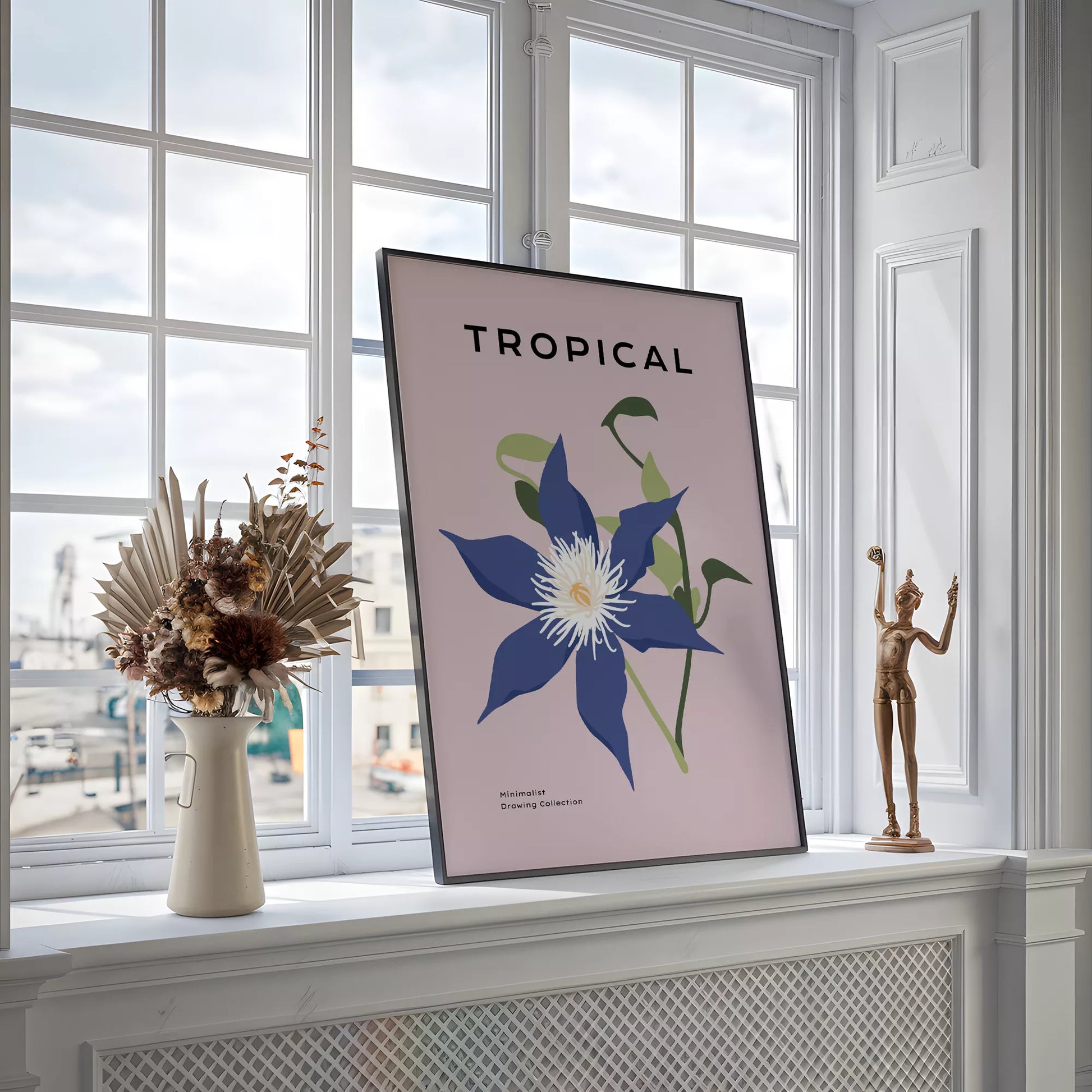 トロピカルブルーフラワーのミニマリストボタニカルアートポスター モダンインテリア