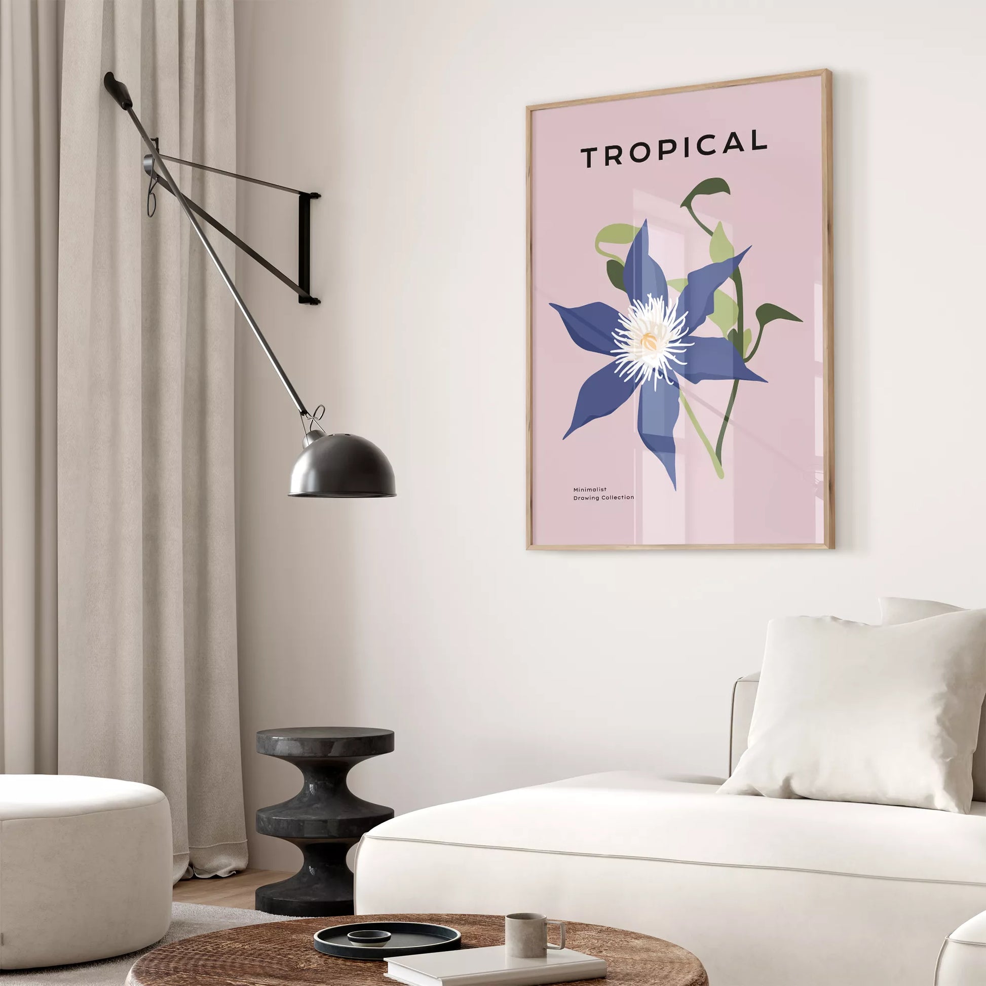 トロピカルブルーフラワーのミニマリストボタニカルアートポスター モダンインテリア