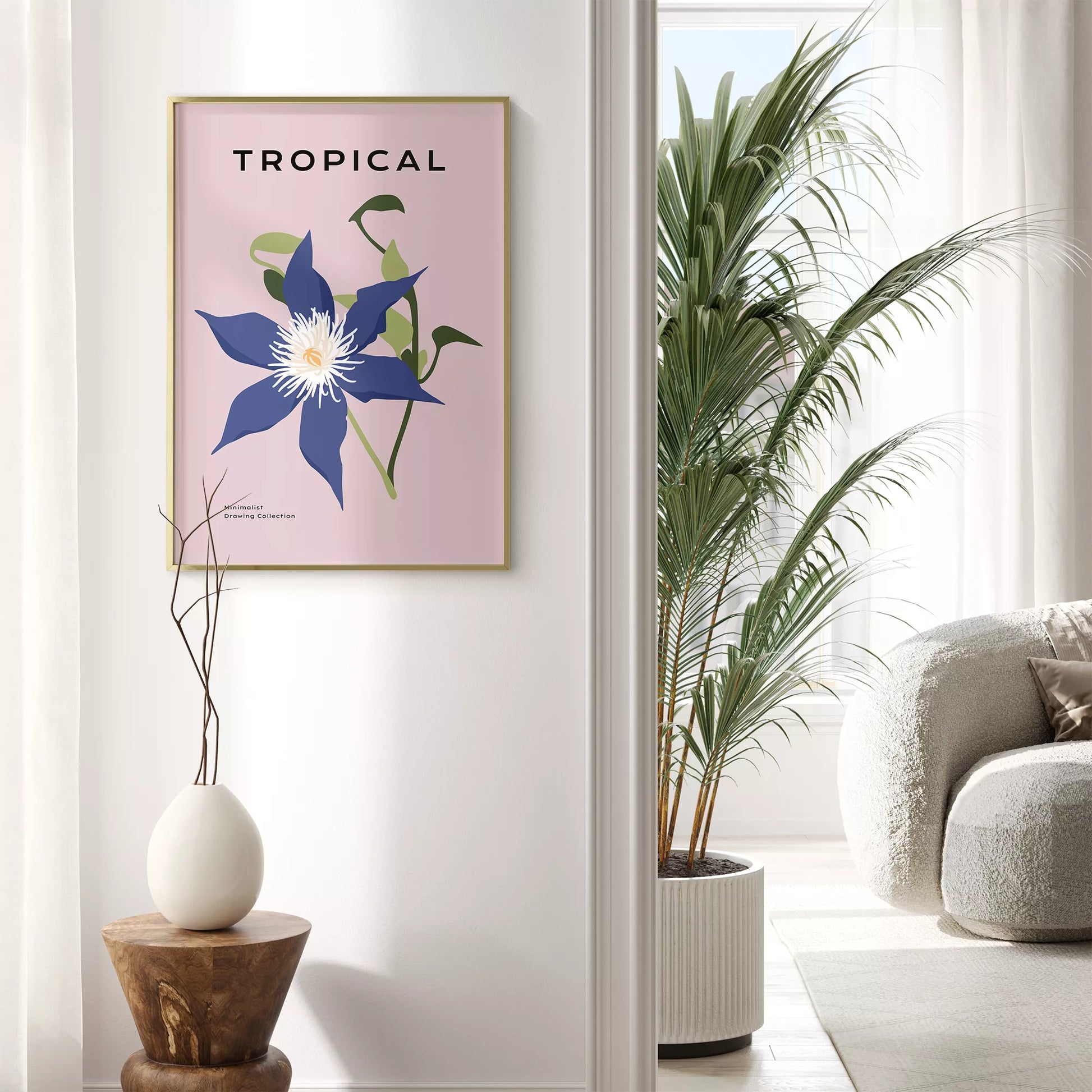 トロピカルブルーフラワーのミニマリストボタニカルアートポスター モダンインテリア