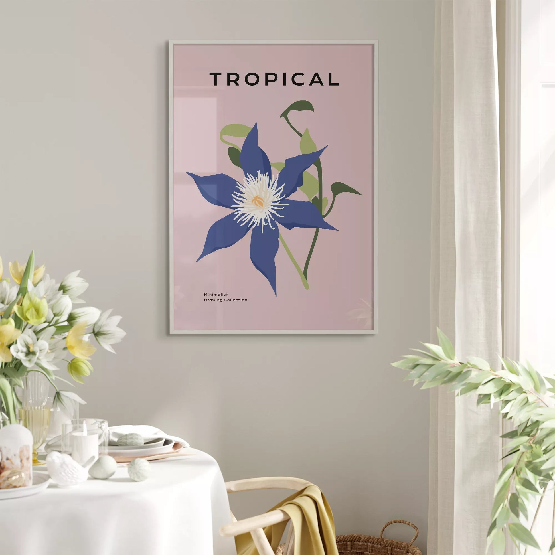 トロピカルブルーフラワーのミニマリストボタニカルアートポスター モダンインテリア