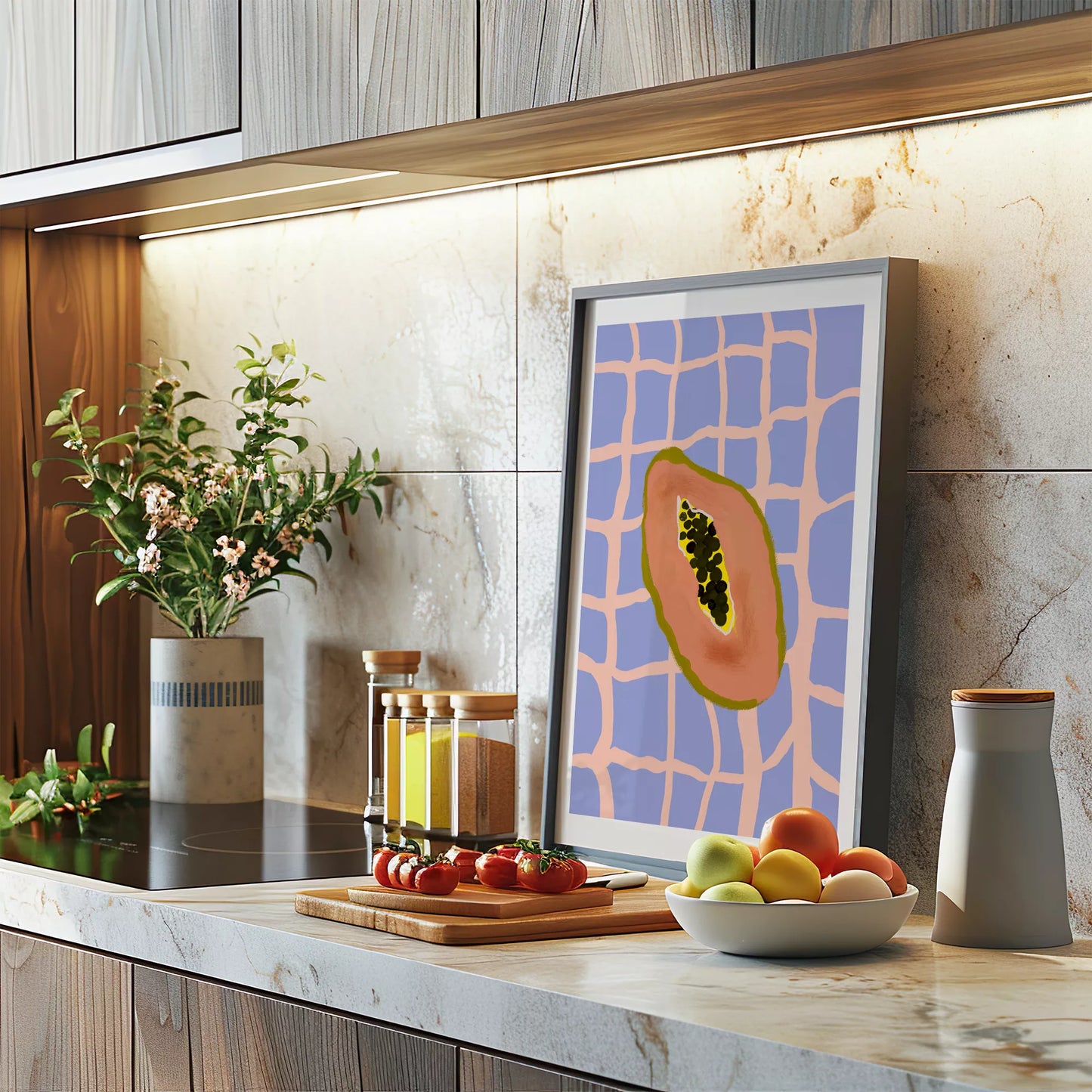 パステルカラーの格子柄背景にパパイヤのミニマルアートイラスト