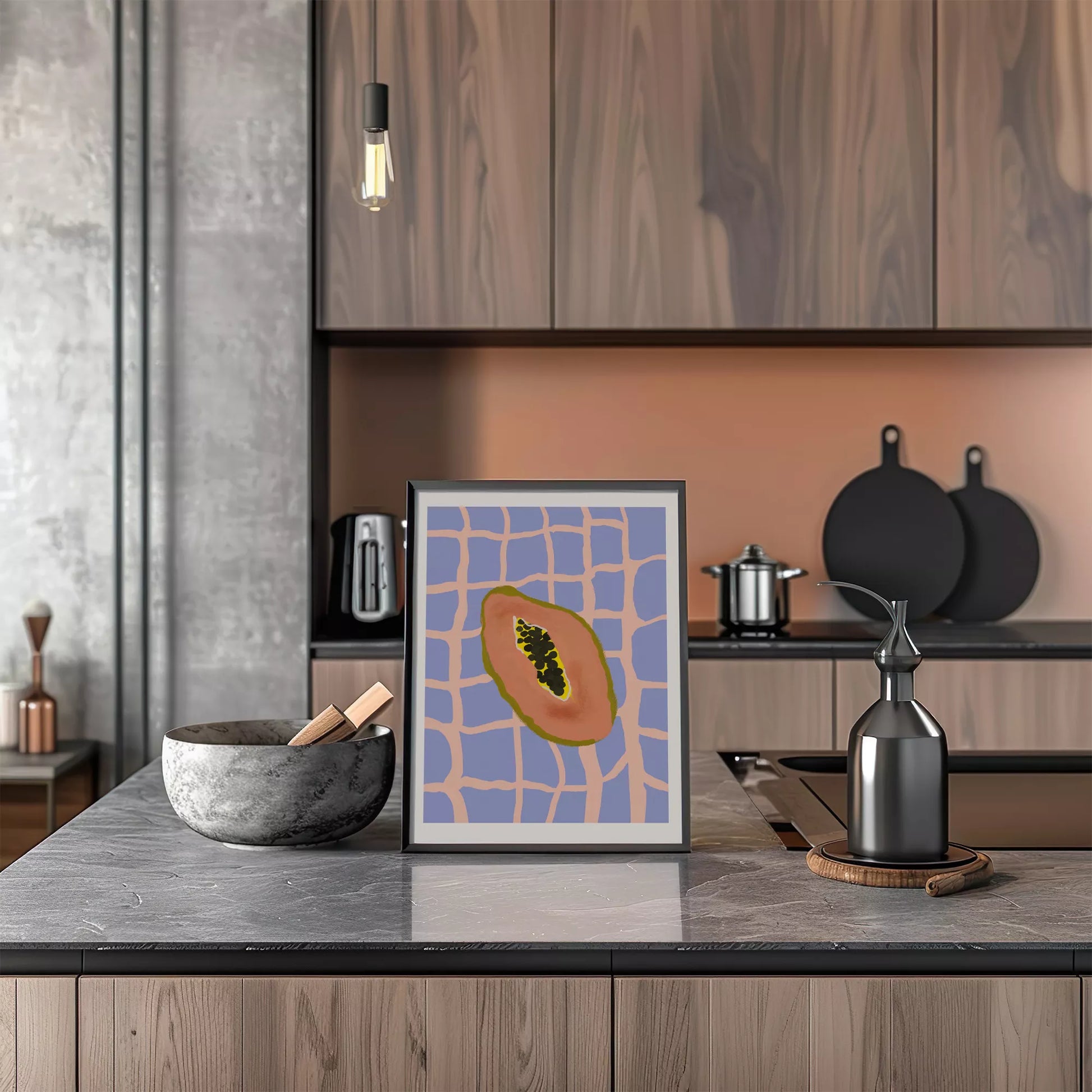 パステルカラーの格子柄背景にパパイヤのミニマルアートイラスト