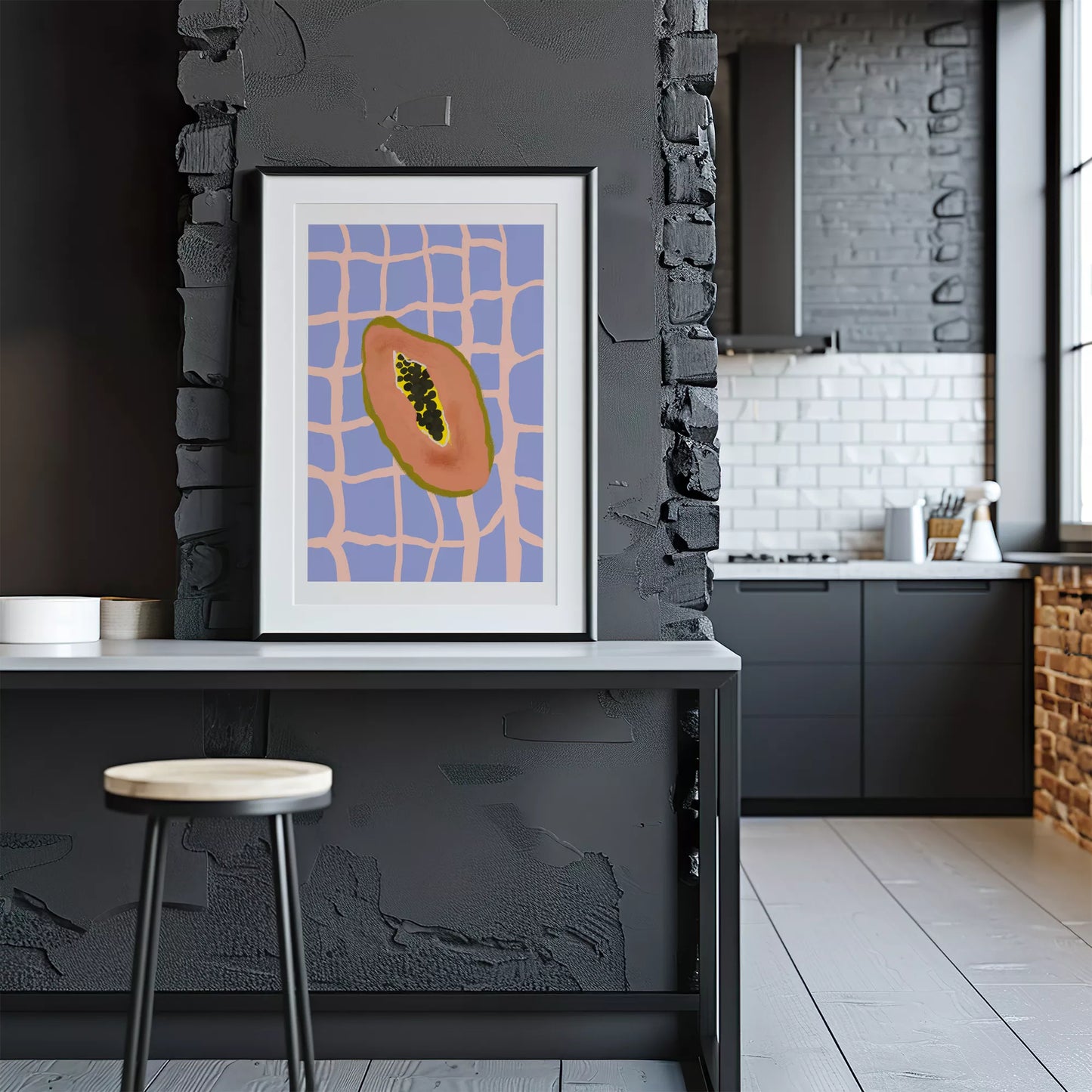 パステルカラーの格子柄背景にパパイヤのミニマルアートイラスト