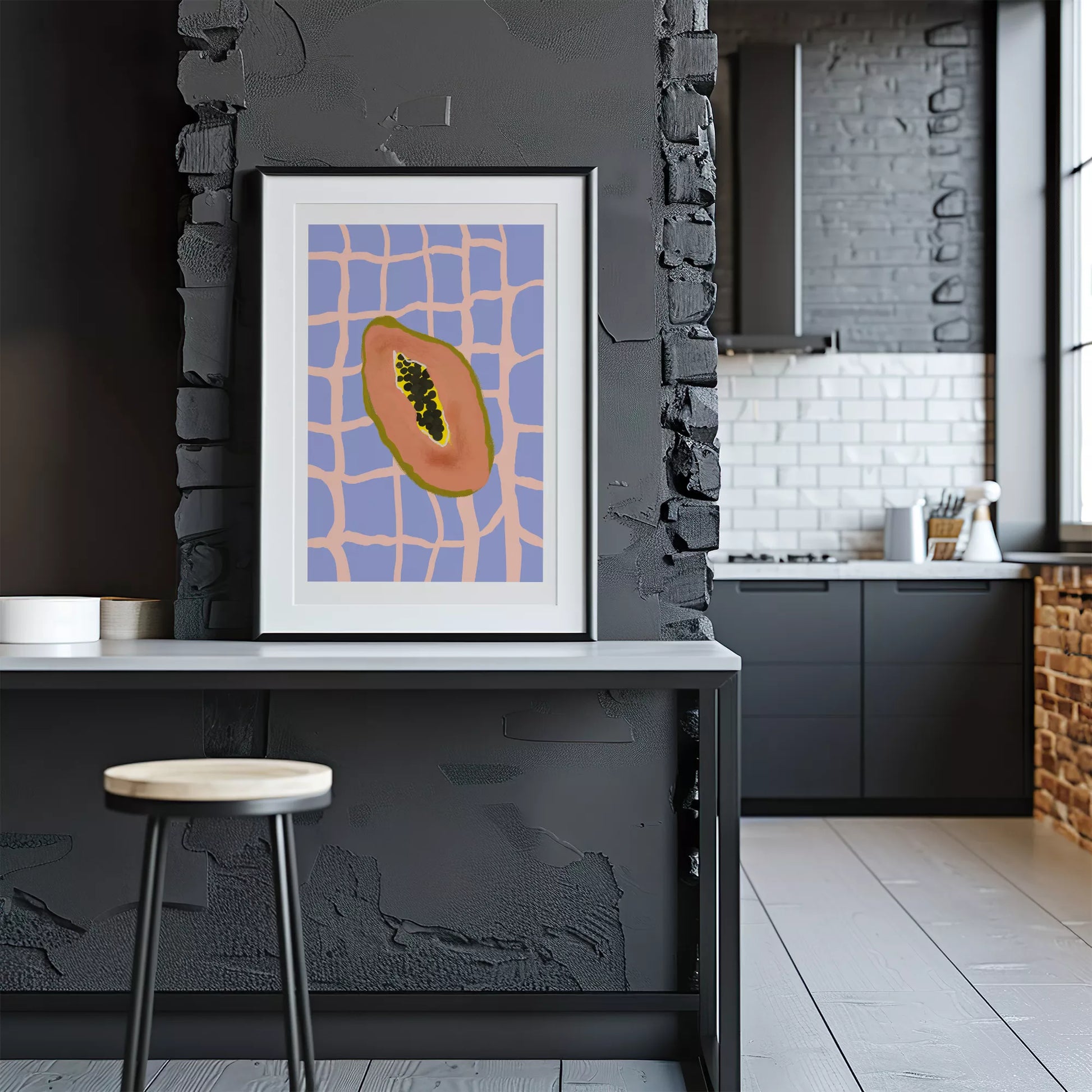 パステルカラーの格子柄背景にパパイヤのミニマルアートイラスト