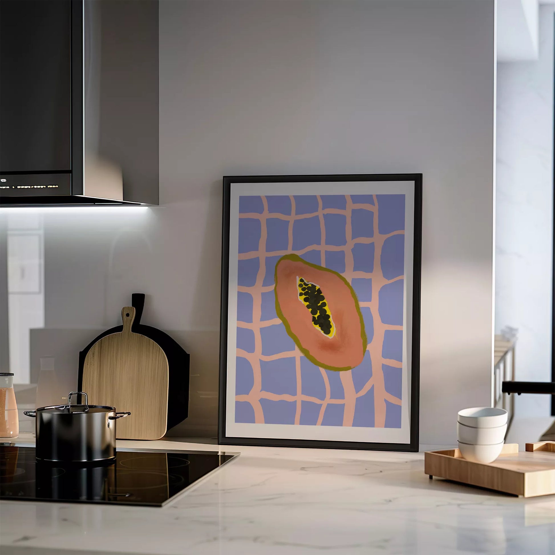 パステルカラーの格子柄背景にパパイヤのミニマルアートイラスト