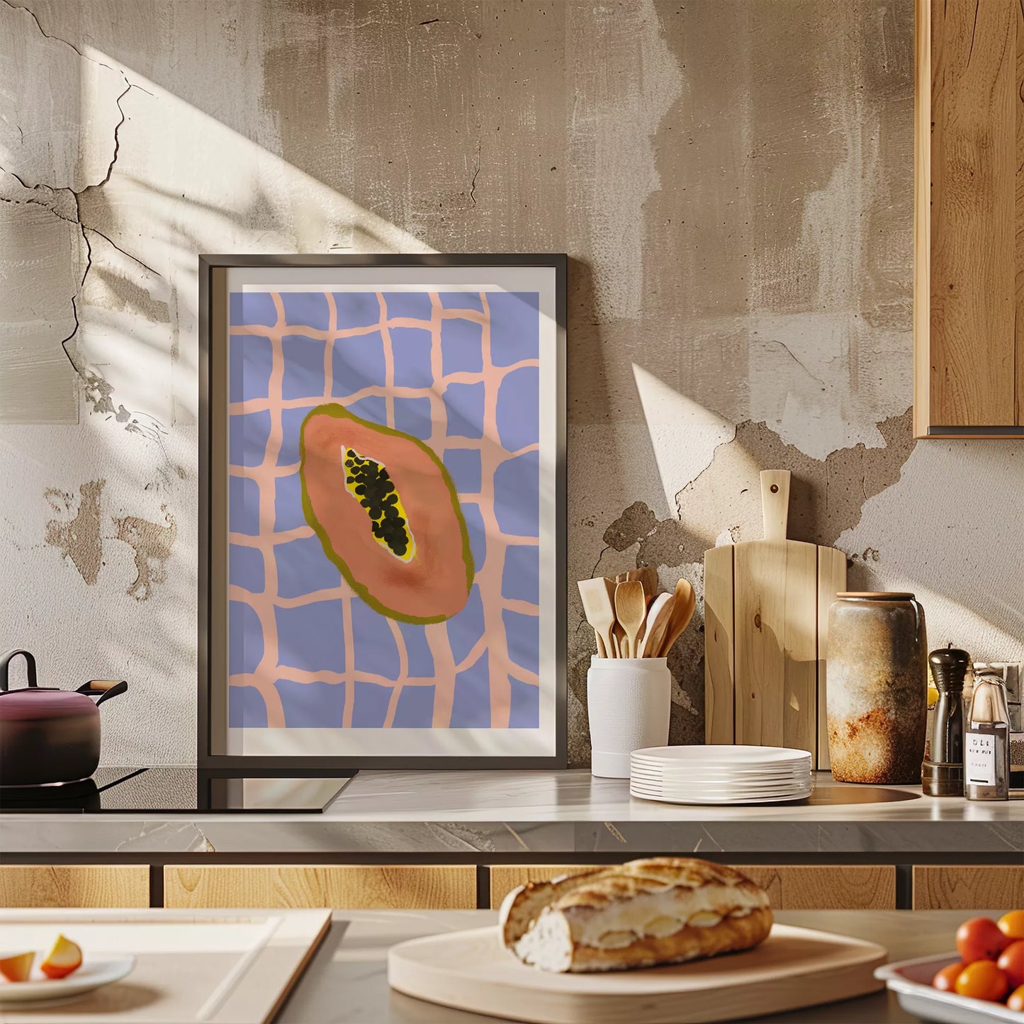 パステルカラーの格子柄背景にパパイヤのミニマルアートイラスト