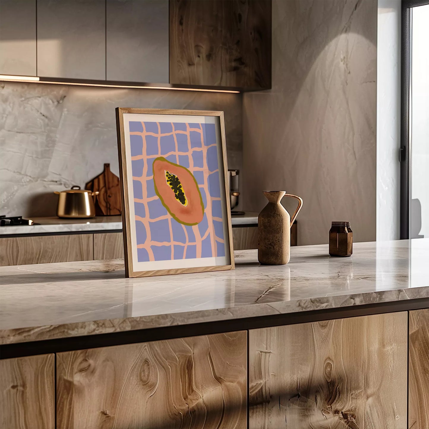 パステルカラーの格子柄背景にパパイヤのミニマルアートイラスト