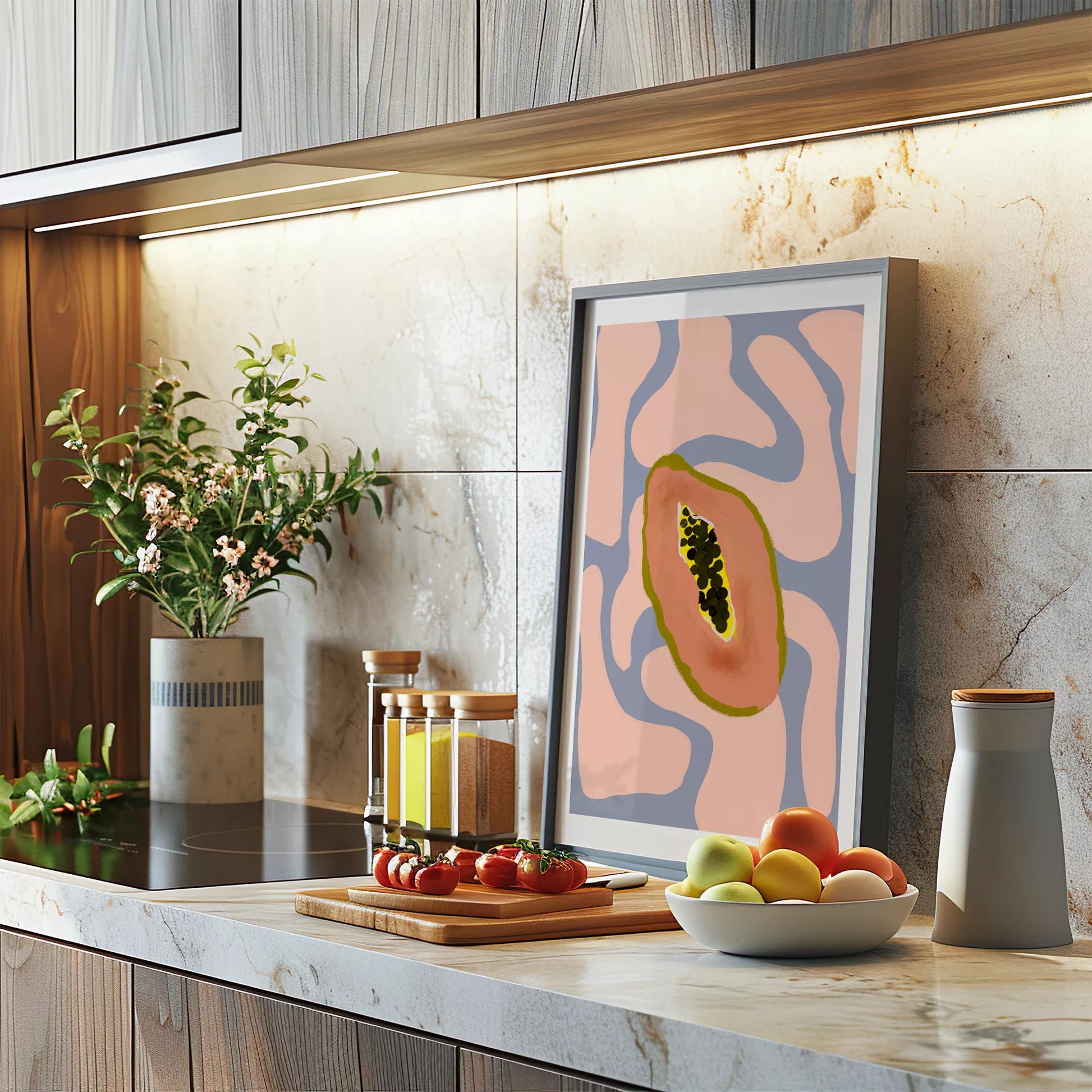 パステルカラーの背景にパパイヤのミニマルアートイラスト