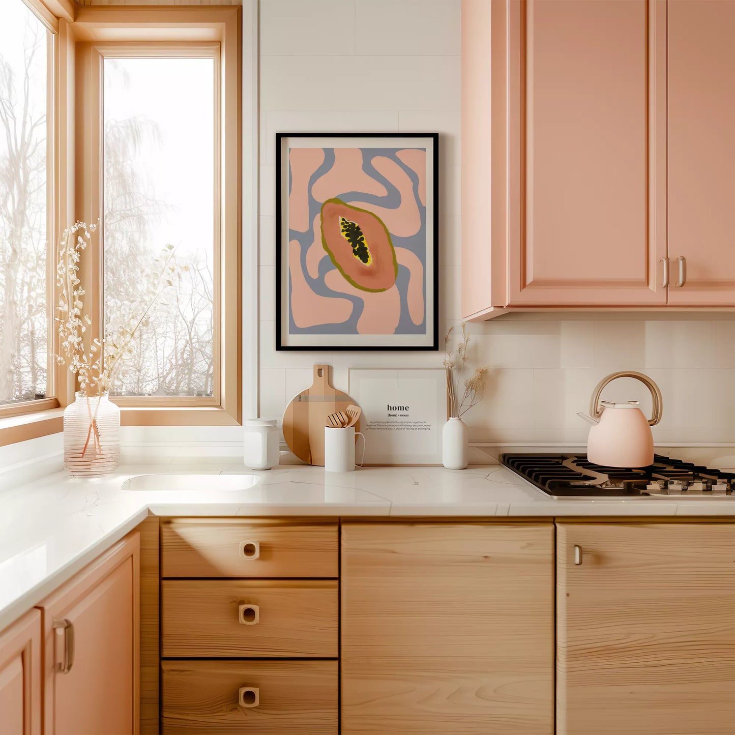 パステルカラーの背景にパパイヤのミニマルアートイラスト