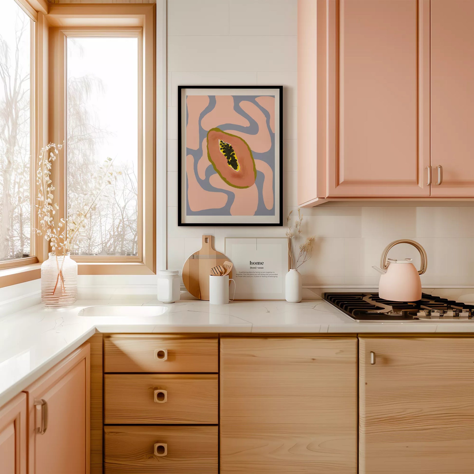 パステルカラーの背景にパパイヤのミニマルアートイラスト