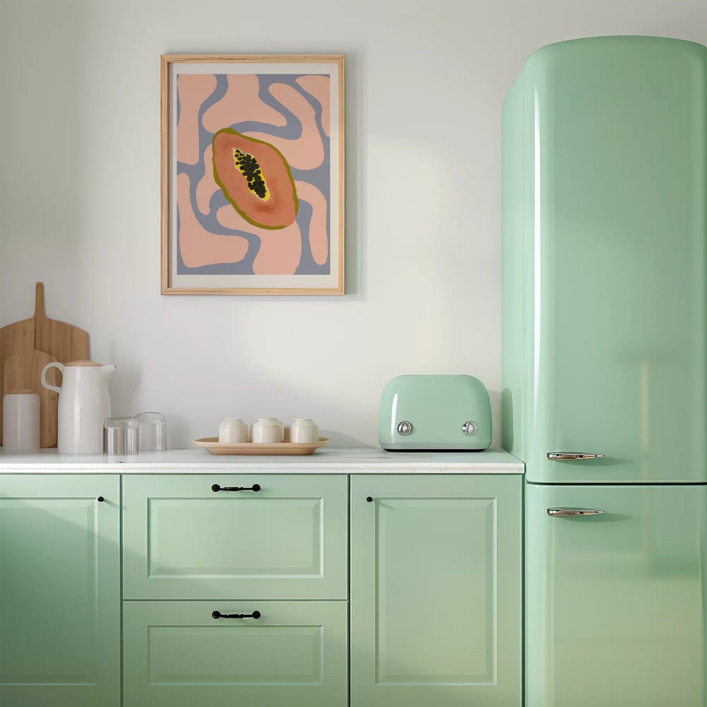 パステルカラーの背景にパパイヤのミニマルアートイラスト