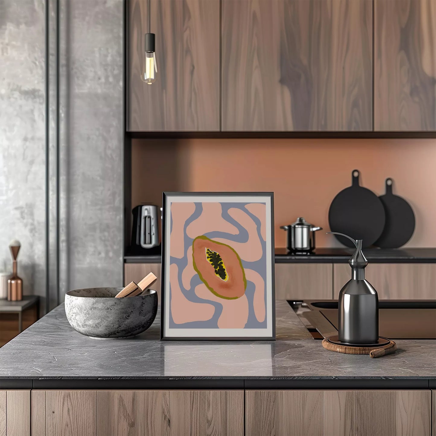 パステルカラーの背景にパパイヤのミニマルアートイラスト