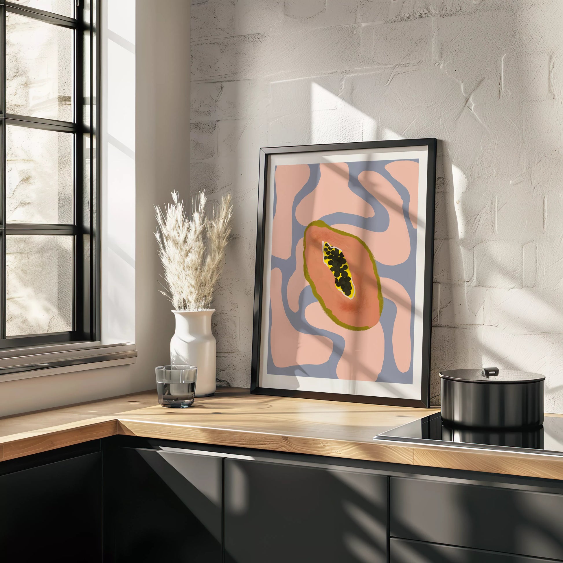 パステルカラーの背景にパパイヤのミニマルアートイラスト