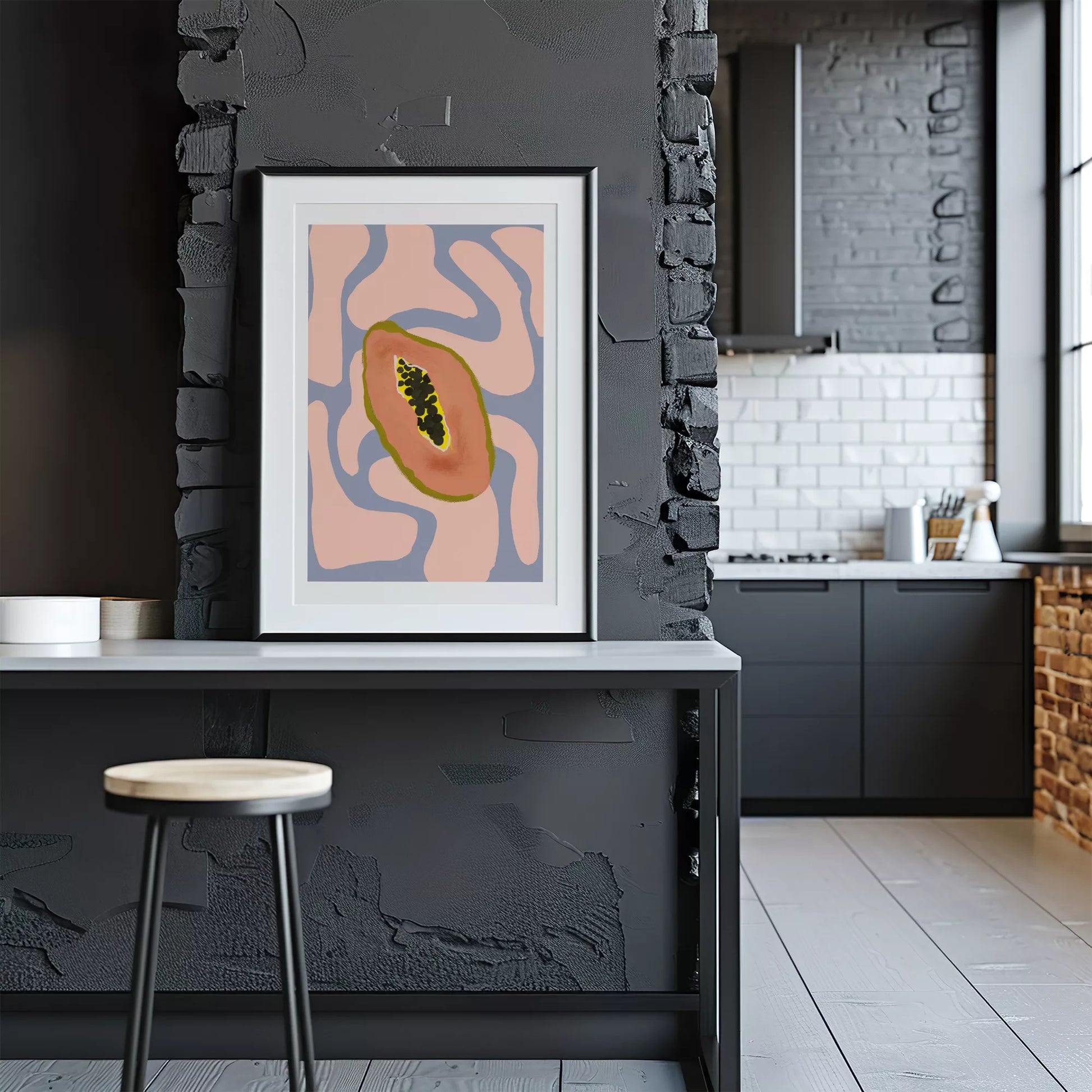 パステルカラーの背景にパパイヤのミニマルアートイラスト