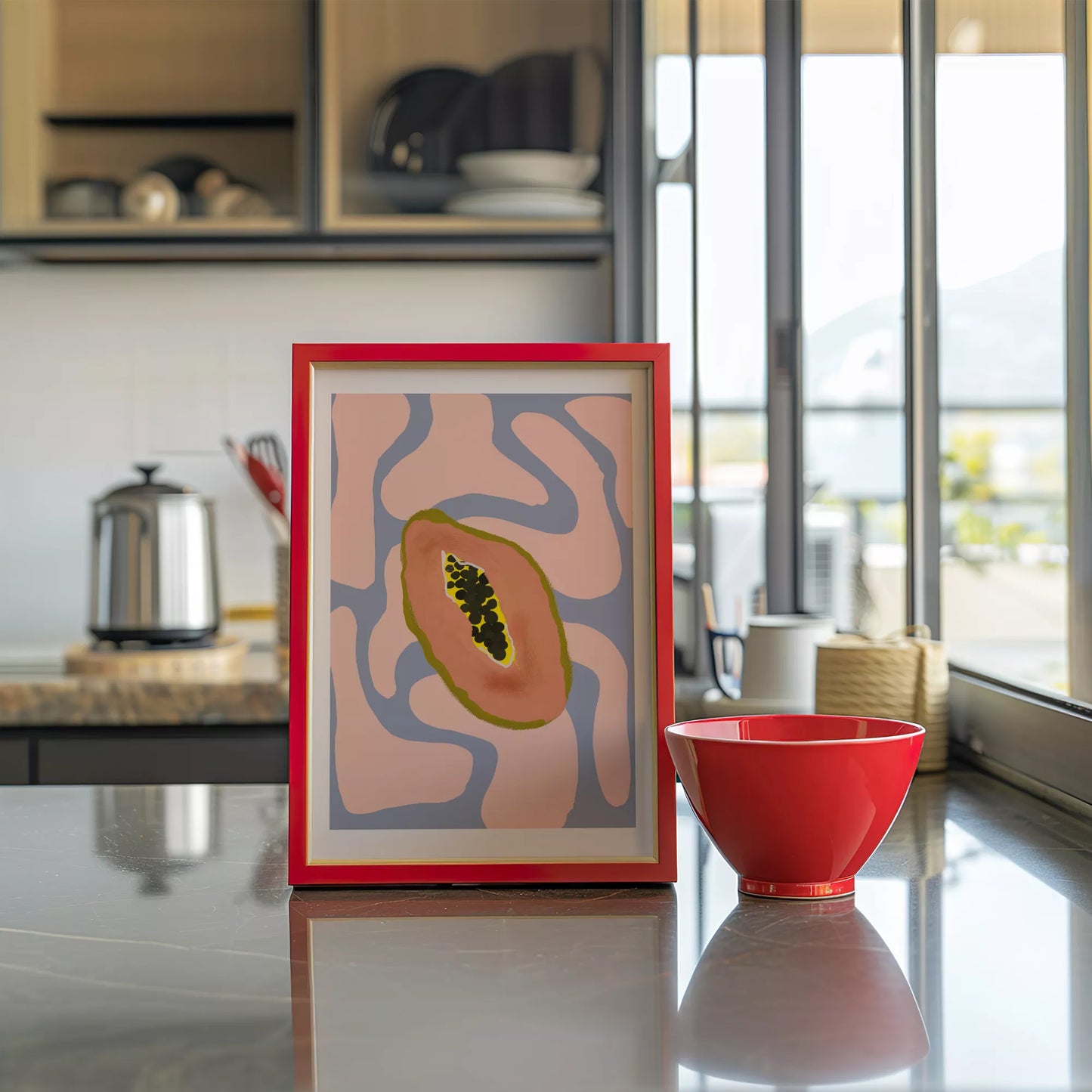 パステルカラーの背景にパパイヤのミニマルアートイラスト